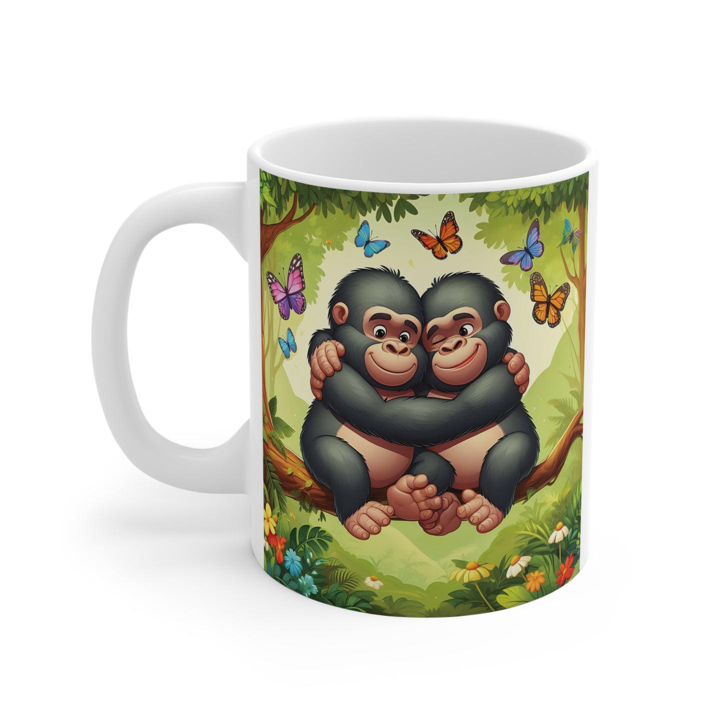 Cute animal-themed mug showing two happy chimpanzees cuddling together on a branch amid butterflies and greenery, perfect for celebrating friendship, love, and companionship.