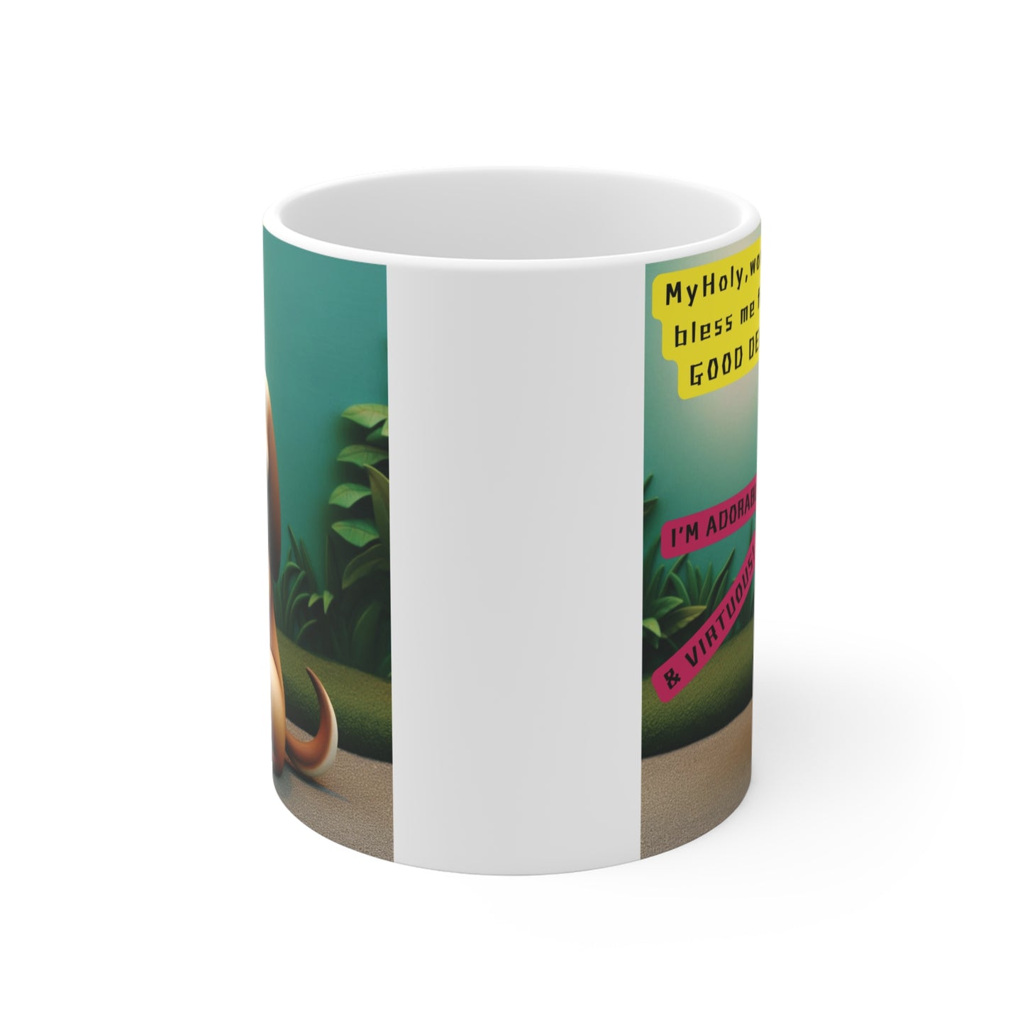 Gift mug for dog lovers featuring 3D-style cartoon dog in prayer pose with colorful speech bubbles and playful message about good deeds."