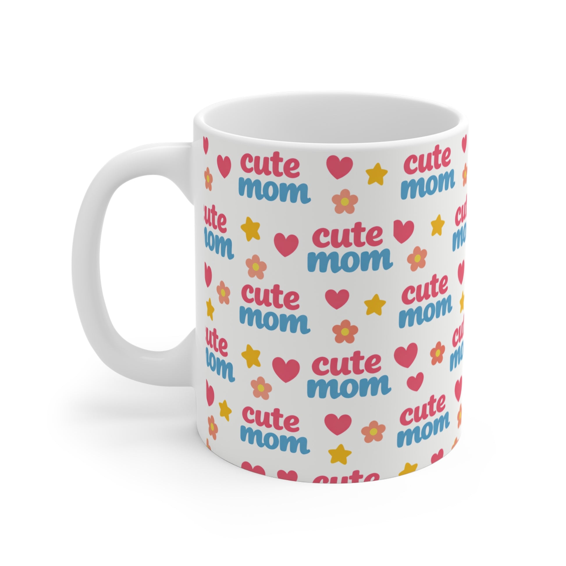 Adorable mom coffee mug with pink aesthetic pattern, cute mom typography, floral and heart design, perfect birthday gift for mom