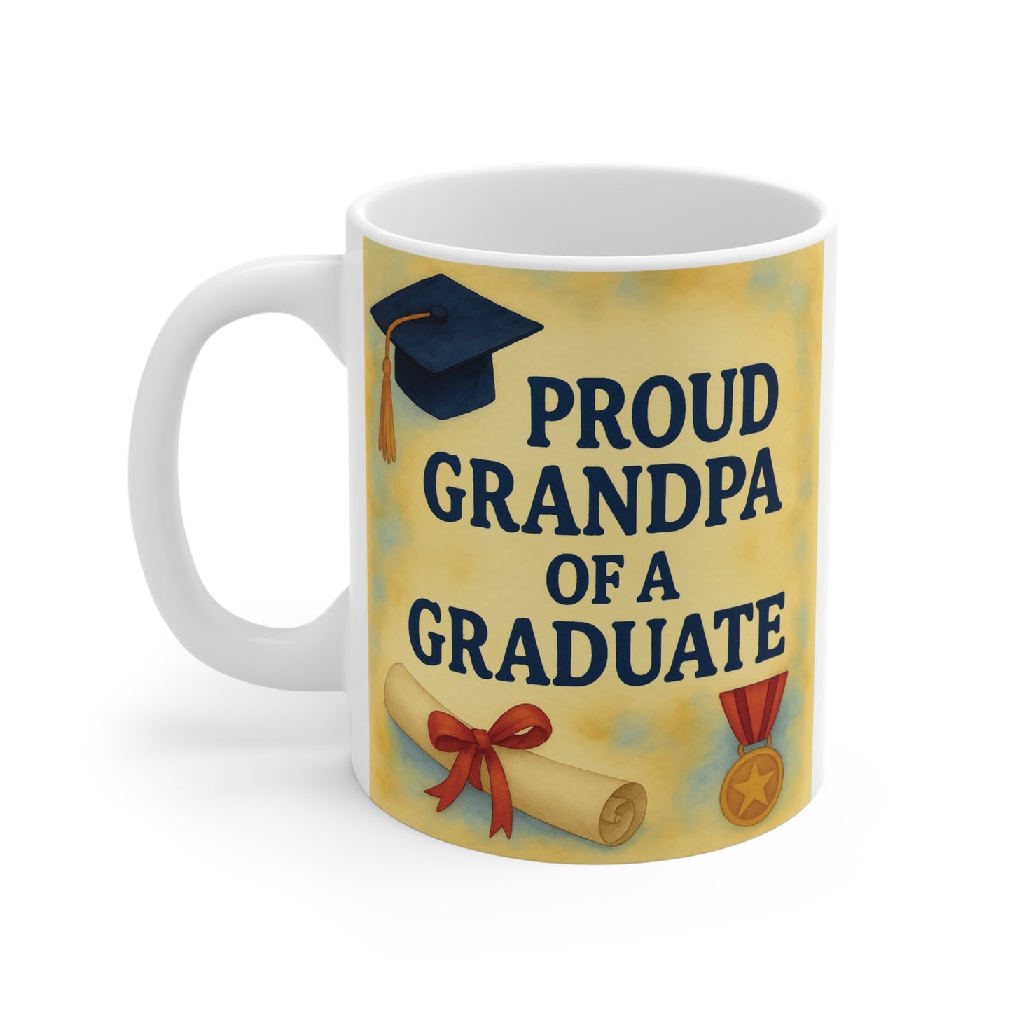 Graduation gift mug for grandpa with Proud Grandpa of a Graduate message and graduation-themed artwork, suitable for celebrating high school, college, or university graduates.