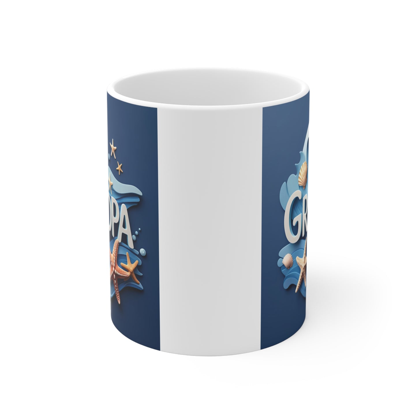 Coastal grandpa mug featuring nautical ocean waves, starfish, and seashell artwork for coffee lovers