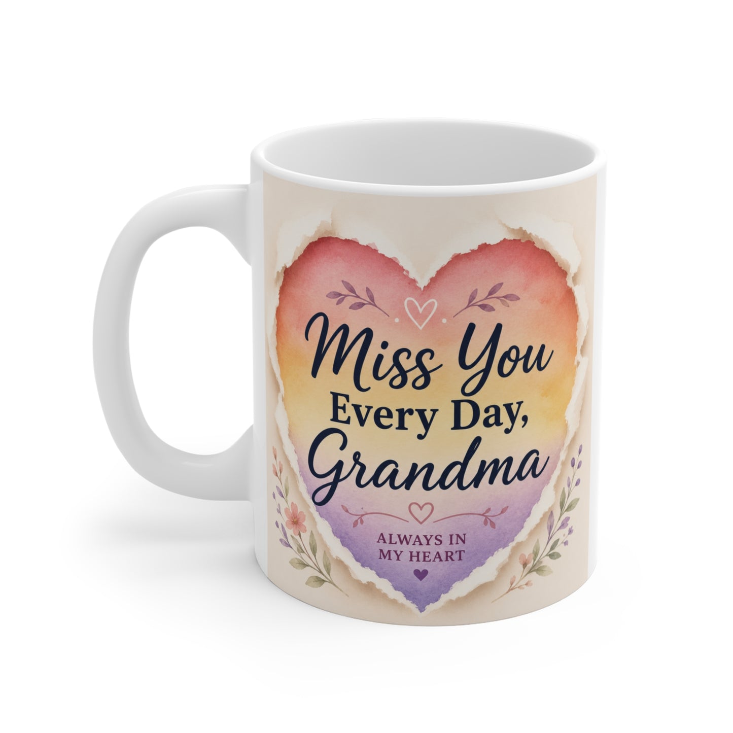 Cute grandmother gift mug with watercolor heart illustration, delicate flowers, and heartfelt message for coffee or tea lovers.