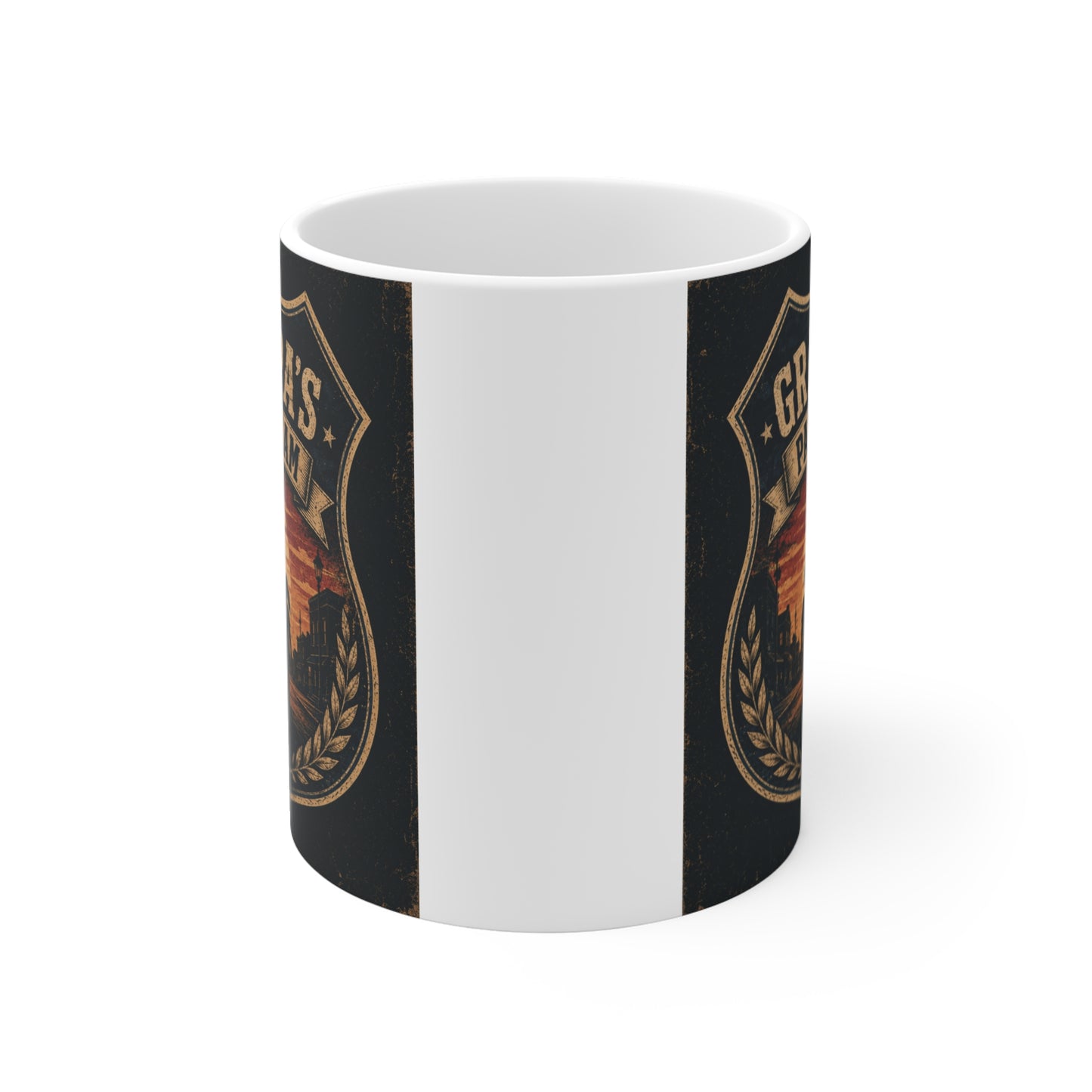 Ceramic grandpa gift mug with Grandpa's Patrol Team artwork, family-themed design, and retro badge style illustration.