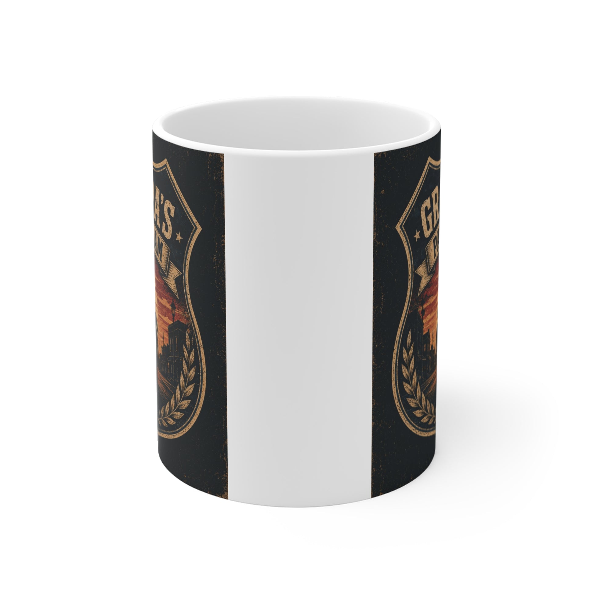 Ceramic grandpa gift mug with Grandpa's Patrol Team artwork, family-themed design, and retro badge style illustration.