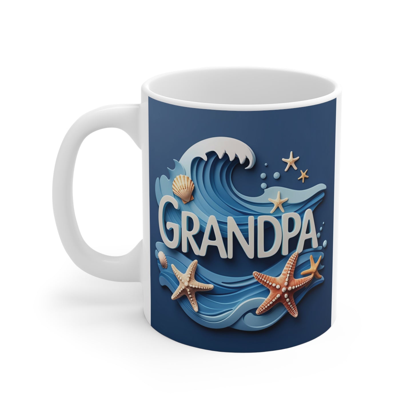 Beach-themed grandpa ceramic coffee mug with ocean wave illustration and nautical seaside design