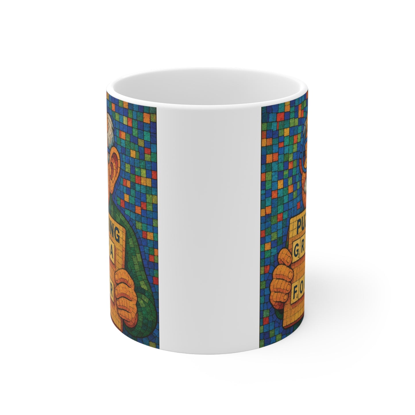 Funny grandpa coffee mug with mosaic artwork of a grandfather and Puzzle King design, perfect gift for birthdays, Father's Day, and Christmas.