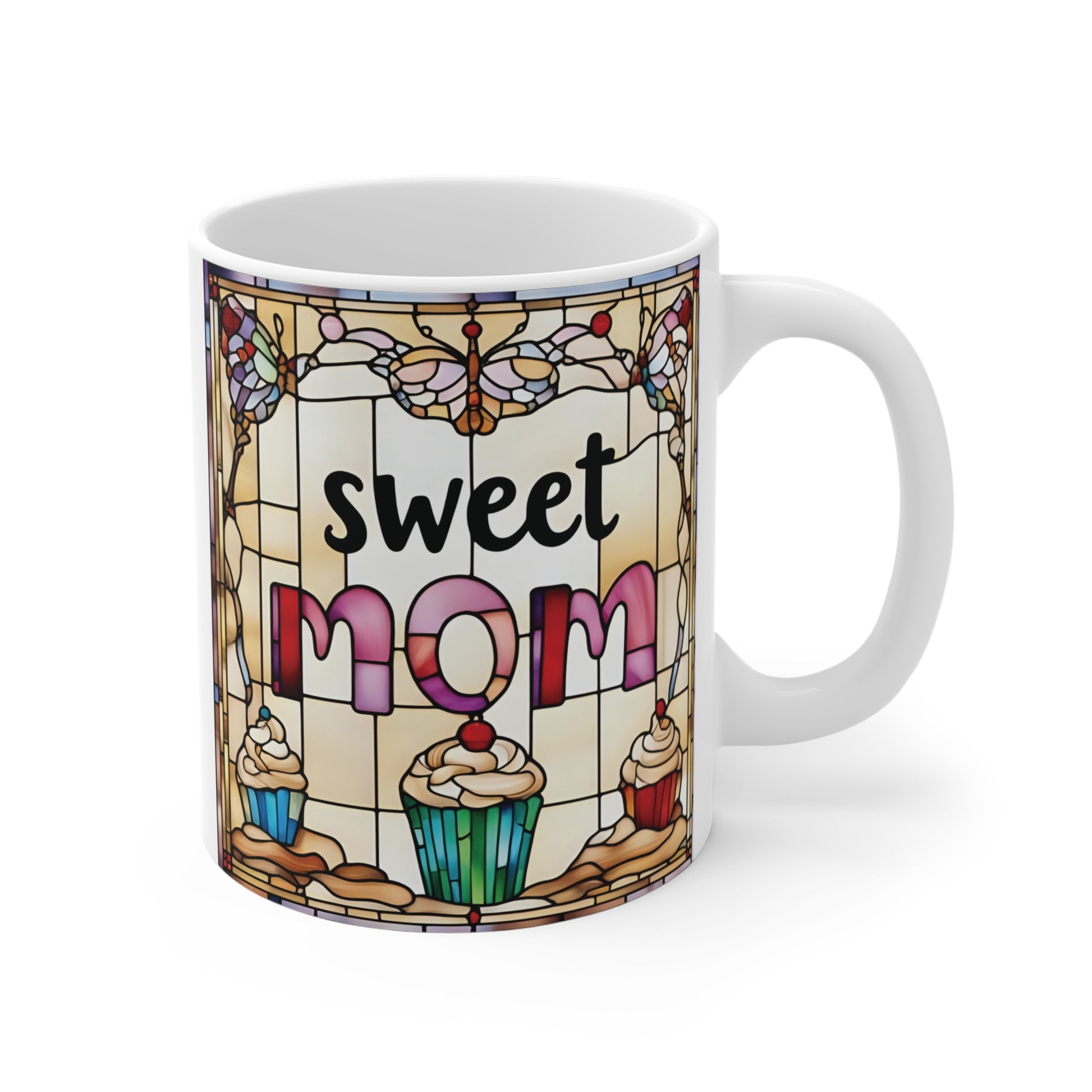 Sweet Mom 11oz ceramic coffee mug with colorful cupcake design and stained glass style background, perfect Mother’s Day gift