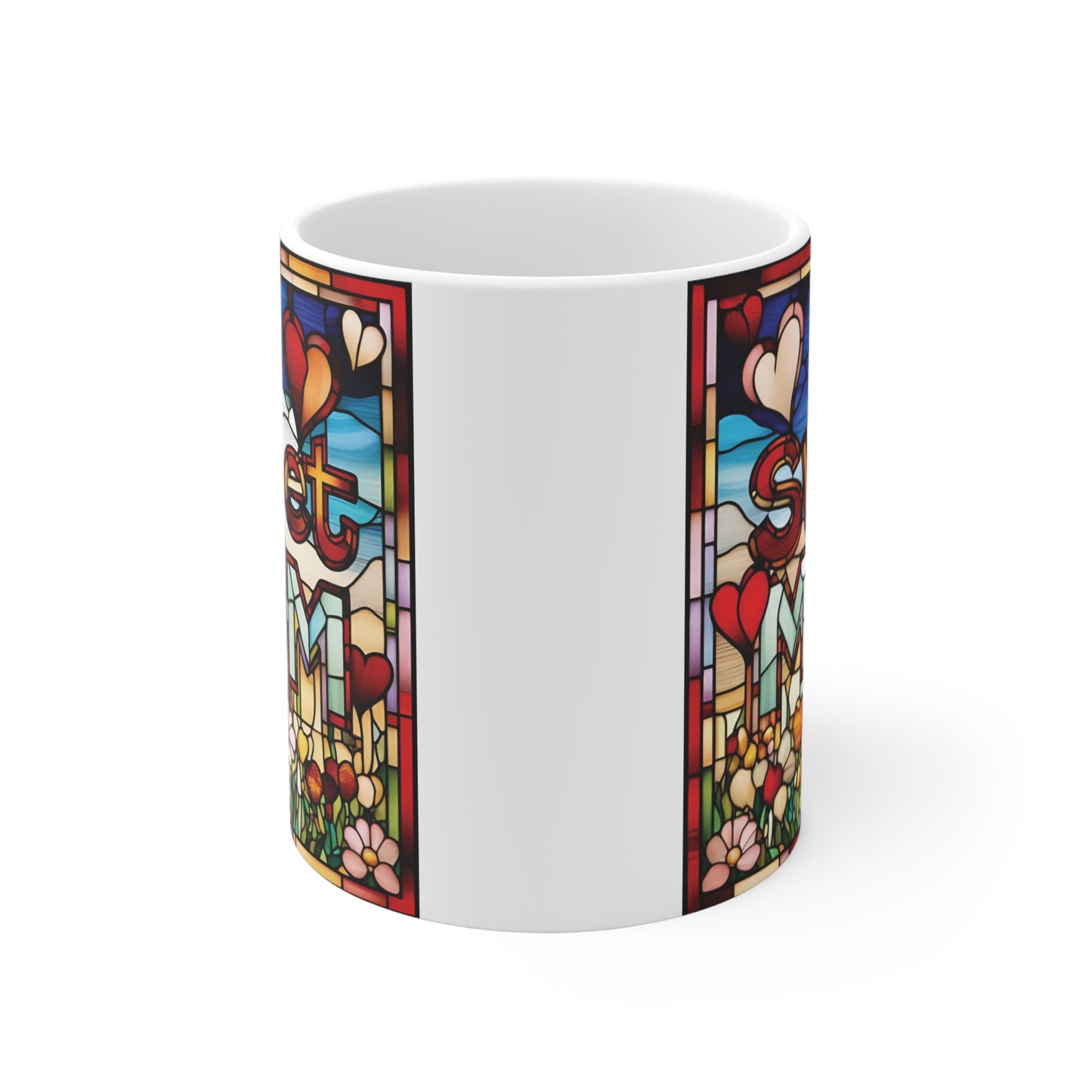 11oz Sweet Mom mug featuring colorful stained glass flowers and hearts, unique gift idea for mother, grandma, or wife