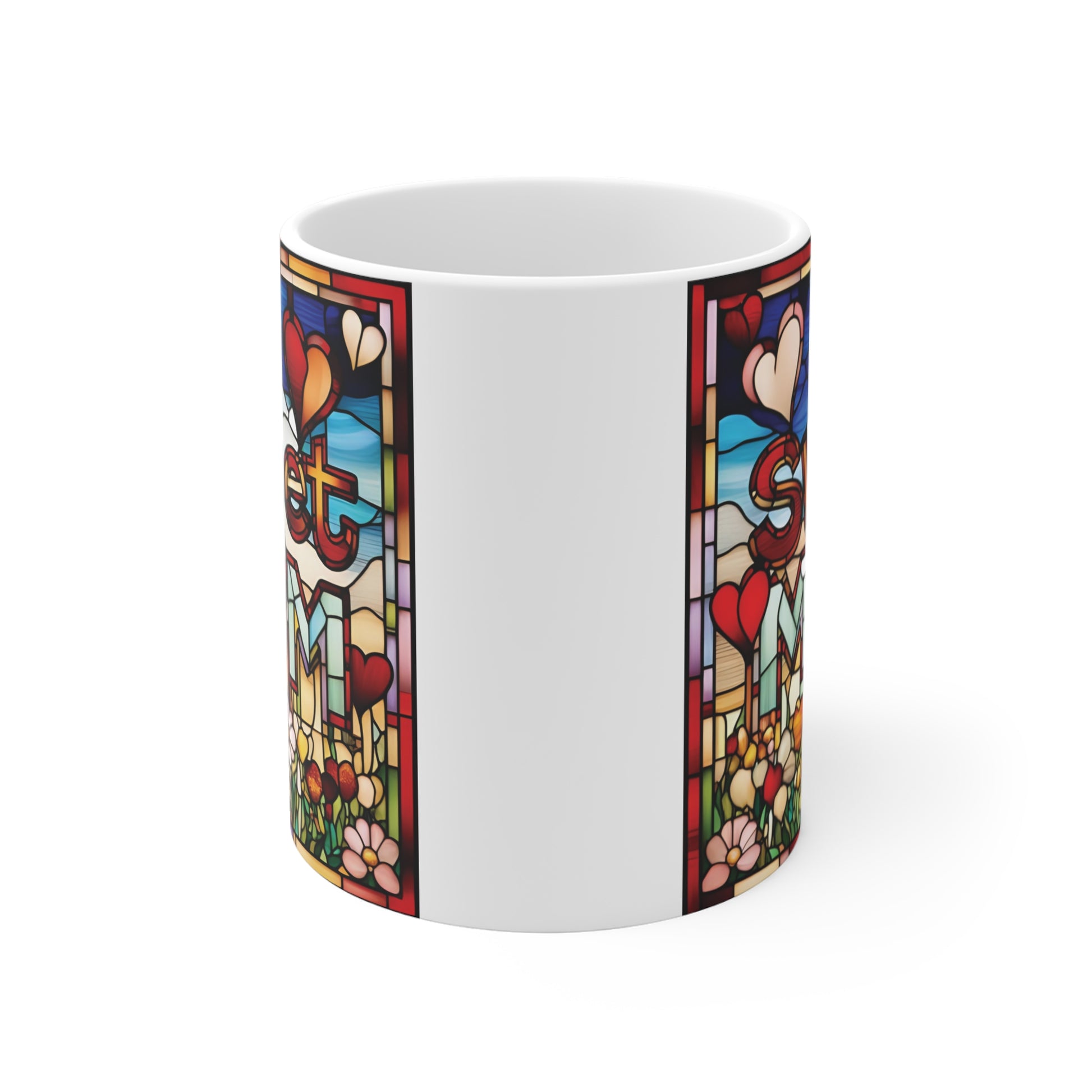 11oz Sweet Mom mug featuring colorful stained glass flowers and hearts, unique gift idea for mother, grandma, or wife