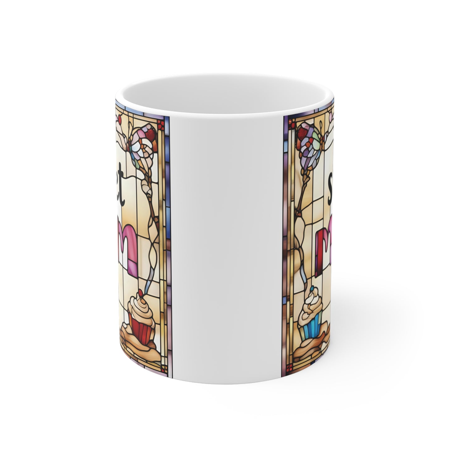 Cute mom coffee mug with sweet mom text and cupcake illustration, aesthetic floral tile design, gift for mom from daughter or son