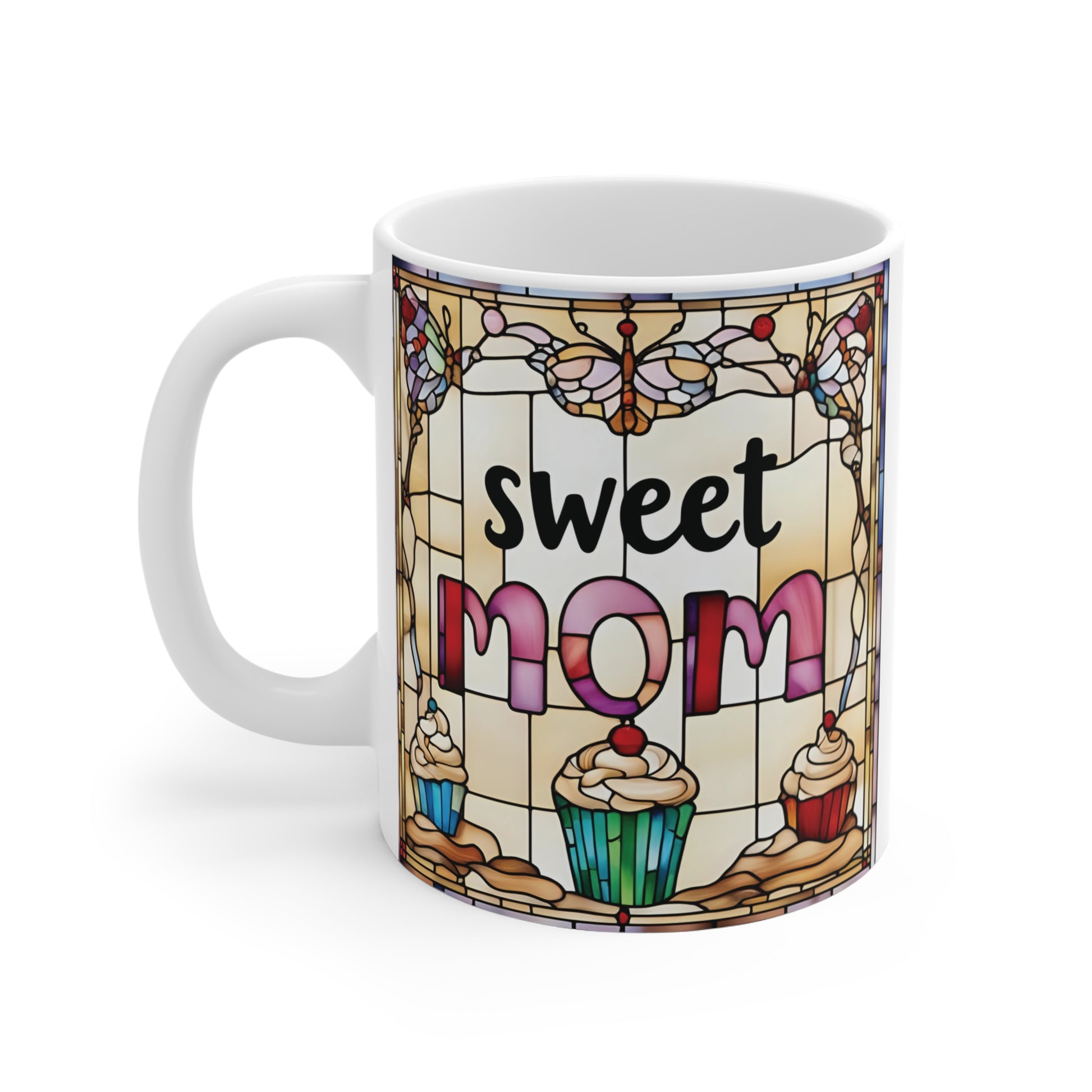11oz white ceramic mug with sweet mom lettering and pastel cupcake art, ideal birthday or Mother’s Day present for moms