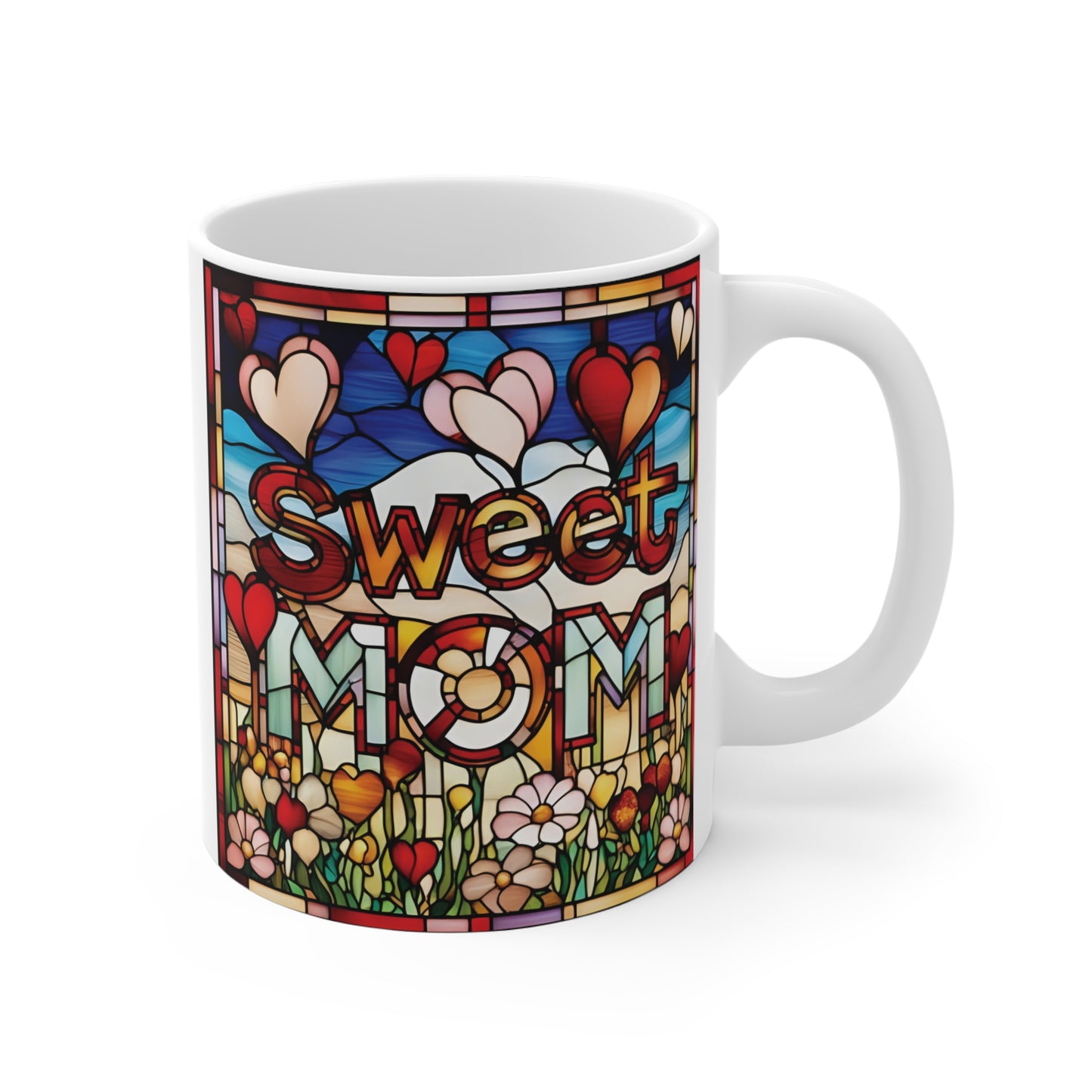 Sweet Mom 11oz ceramic mug with colorful stained glass floral and heart design, perfect Mother’s Day gift for mom