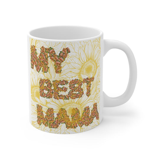 My Best Mama mug with floral sunflower background, heartfelt Mother’s Day gift for mom, warm loving typography design
