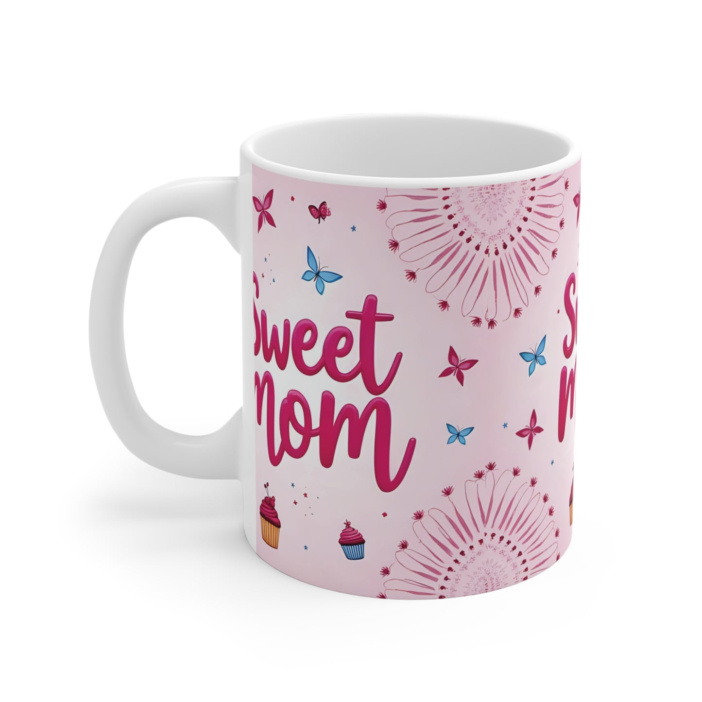 Cute pink mother’s day mug with sweet mom text, butterflies and floral pattern wrap design