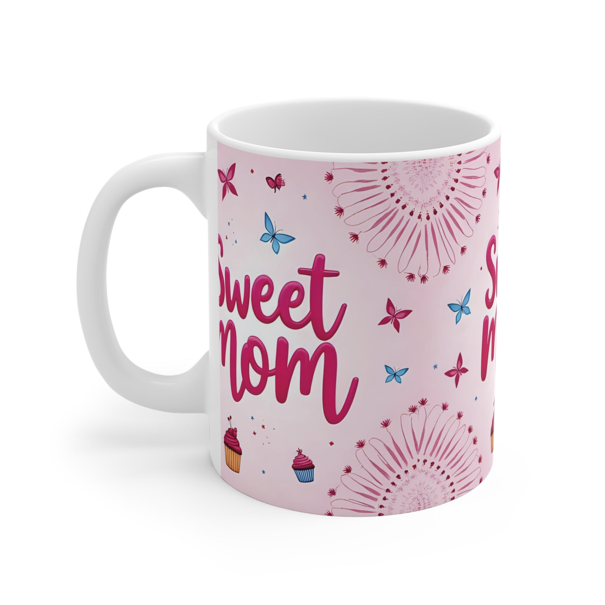 Cute pink mother’s day mug with sweet mom text, butterflies and floral pattern wrap design