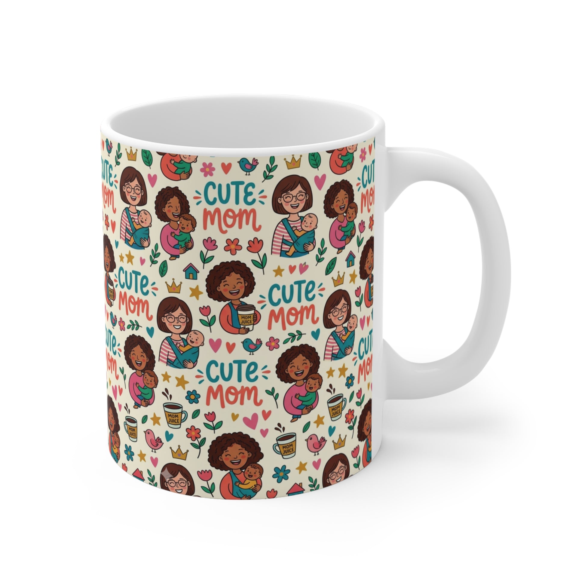 Cute coffee cup for mom featuring cartoon characters and playful design, durable ceramic mug for daily use and gifting