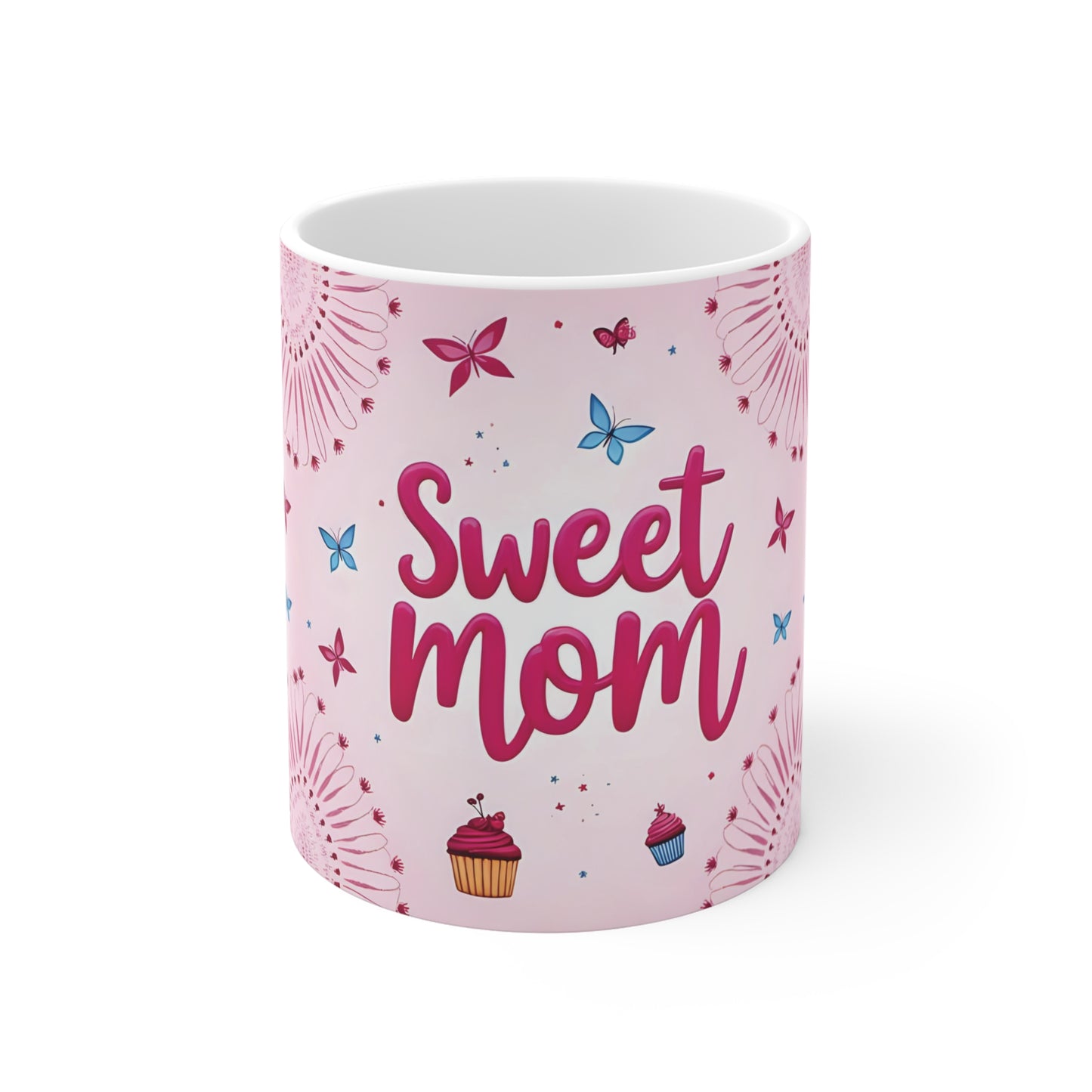 Sweet mom 11oz coffee mug with pink wrap around floral butterfly design and cupcake illustrations