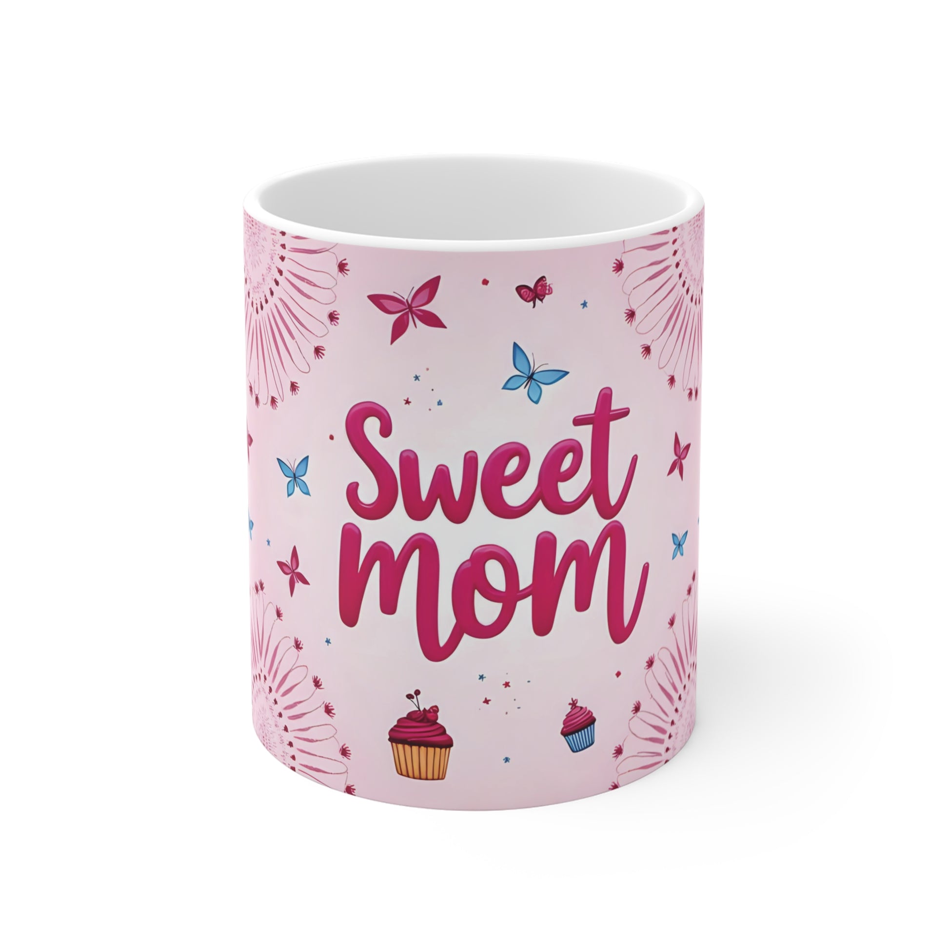 Sweet mom 11oz coffee mug with pink wrap around floral butterfly design and cupcake illustrations