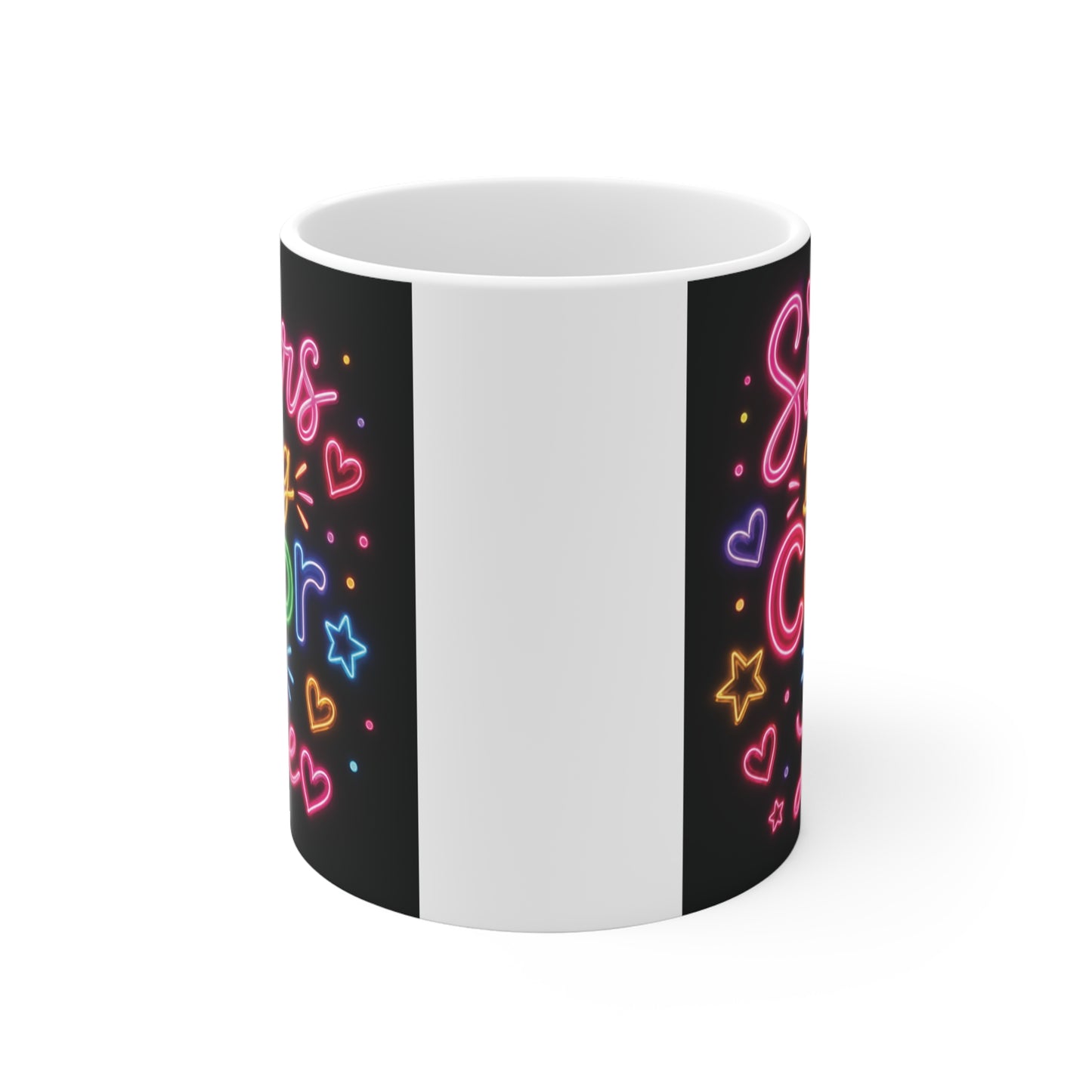 Bright neon sister gift mug featuring colorful lettering, hearts, and stars on a glossy black background.