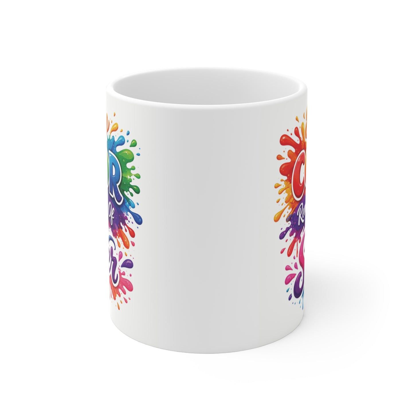 Colorful sister gift coffee mug with rainbow typography design and Every Color Reminds Me Of My Sister quote on white ceramic mug.