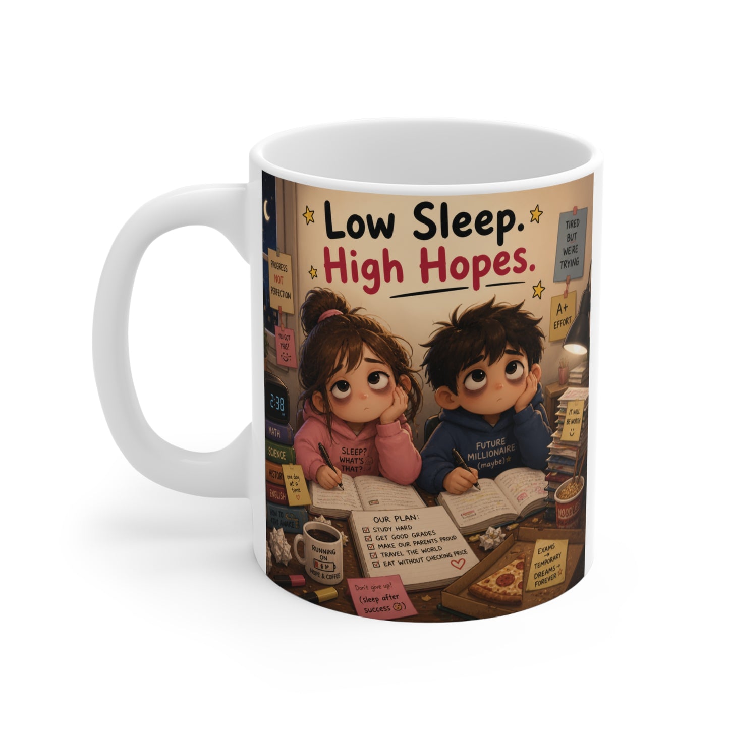 Aesthetic student coffee mug for college and exam season with cute late-night study illustration