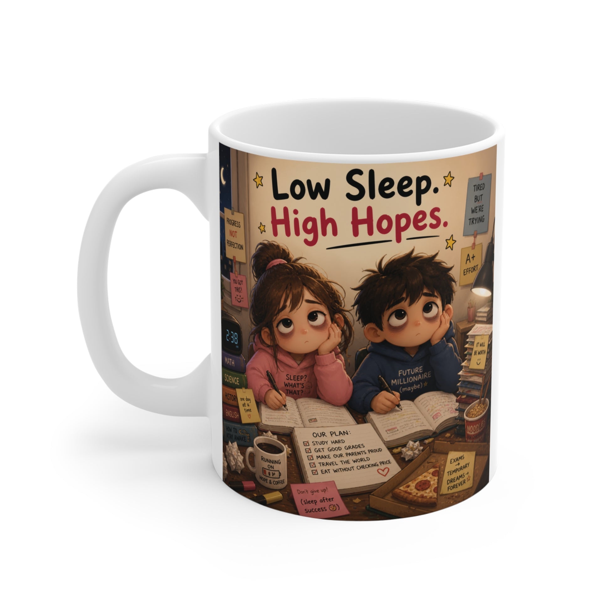 Aesthetic student coffee mug for college and exam season with cute late-night study illustration