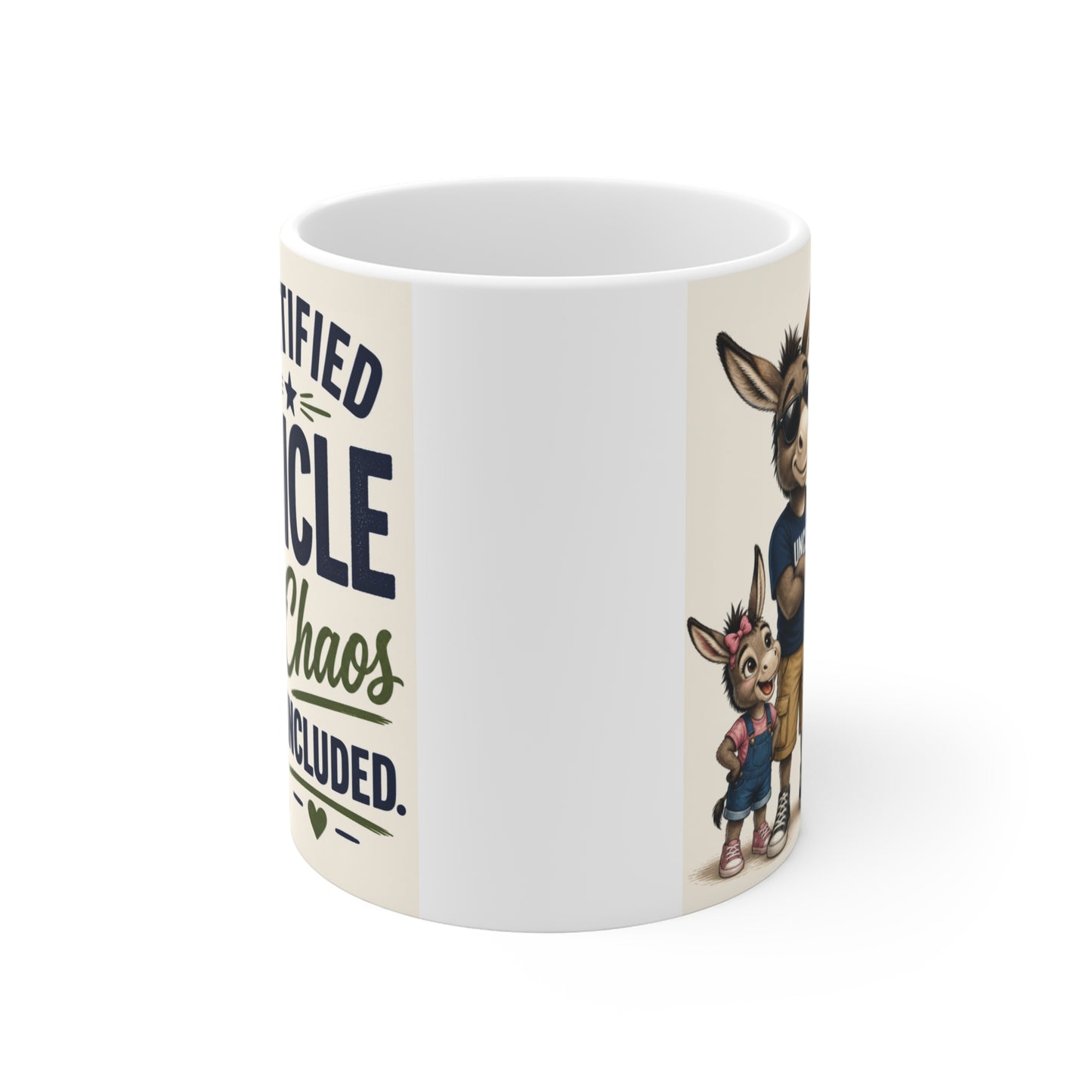 11oz coffee mug for uncle featuring playful cartoon animals and “Certified Uncle Chaos Included” text, perfect birthday or Christmas gift