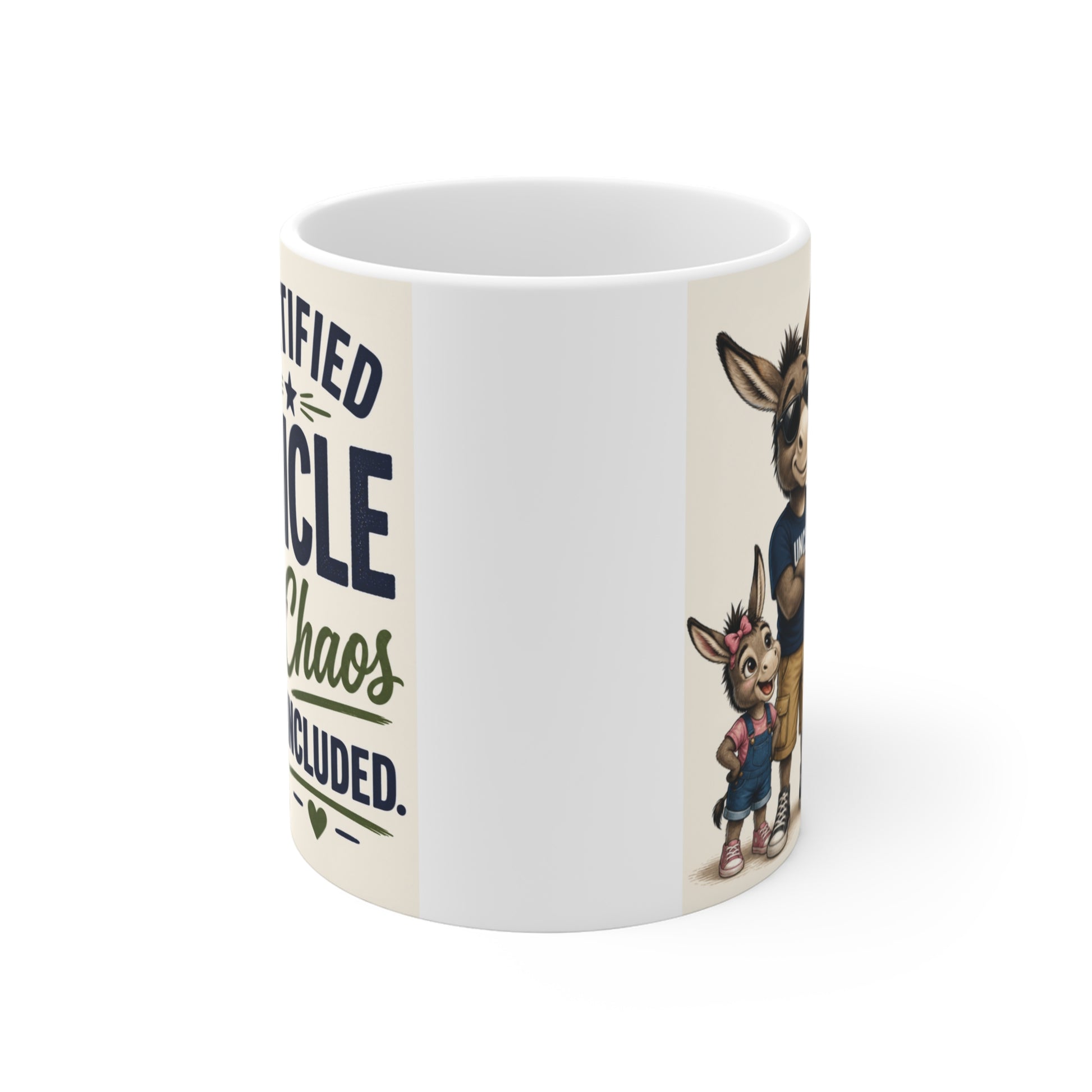 11oz coffee mug for uncle featuring playful cartoon animals and “Certified Uncle Chaos Included” text, perfect birthday or Christmas gift
