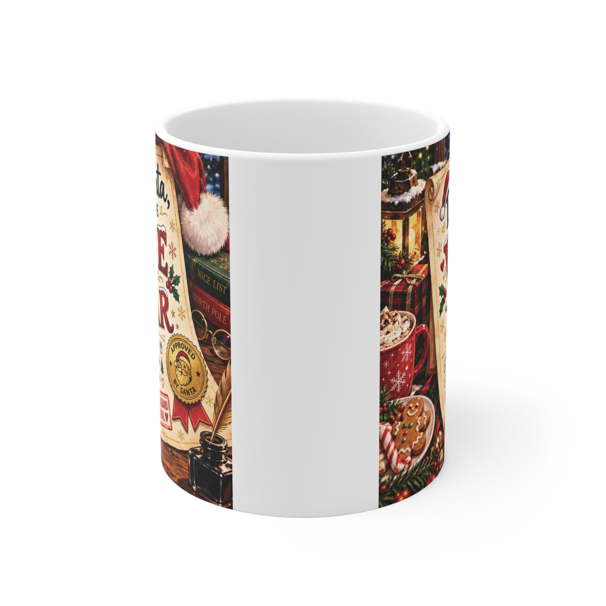 A funny Wife of the Year holiday coffee mug in an 11oz white ceramic style, perfect for Christmas gifts and stocking stuffers.