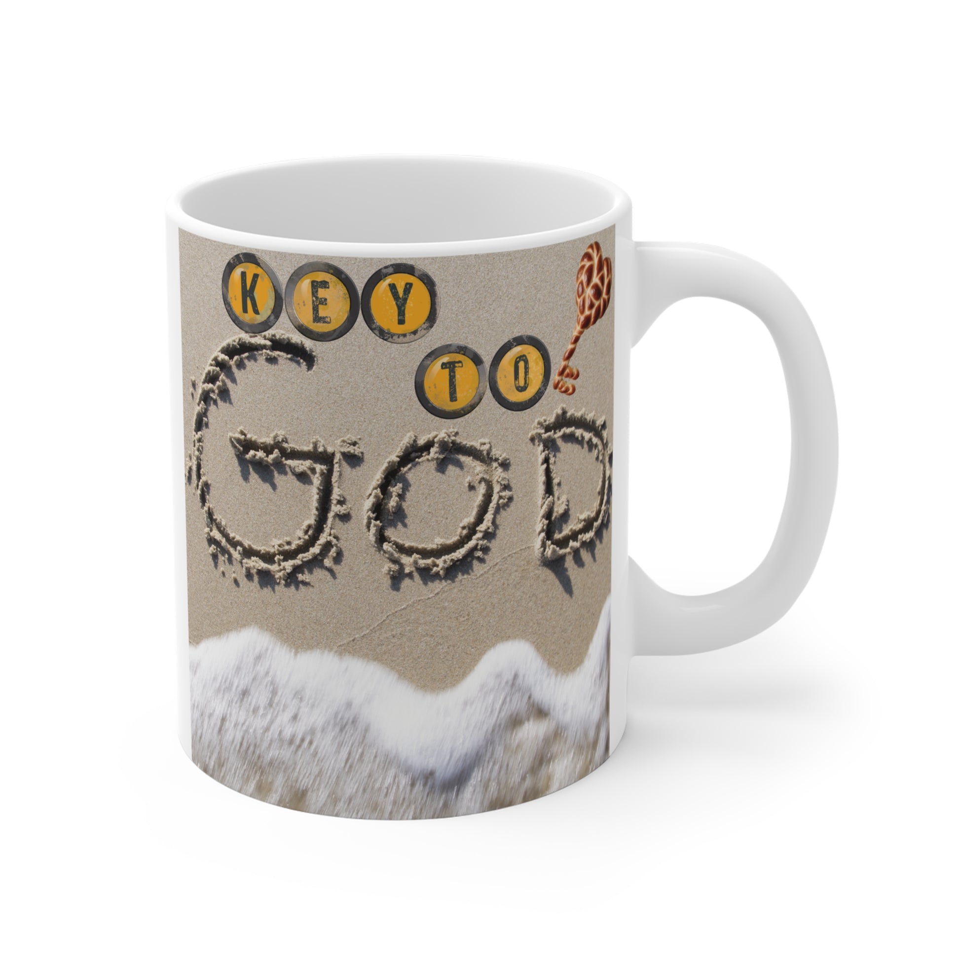Religious gift mug with beach theme, text in sand, ocean wave detail, and symbolic Christian message
