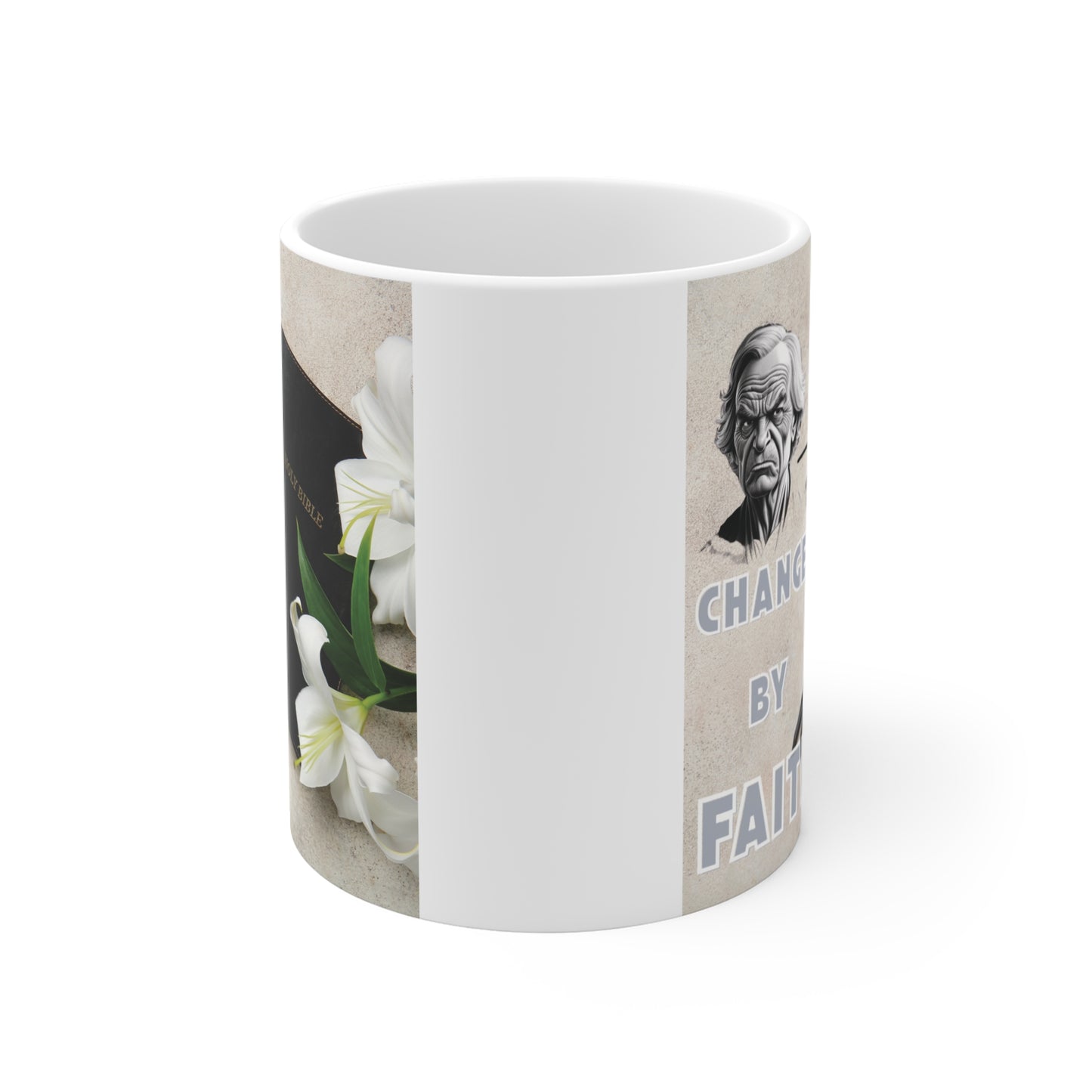 Christian gift mug showing transformation concept with Bible, floral elements, and inspirational faith message