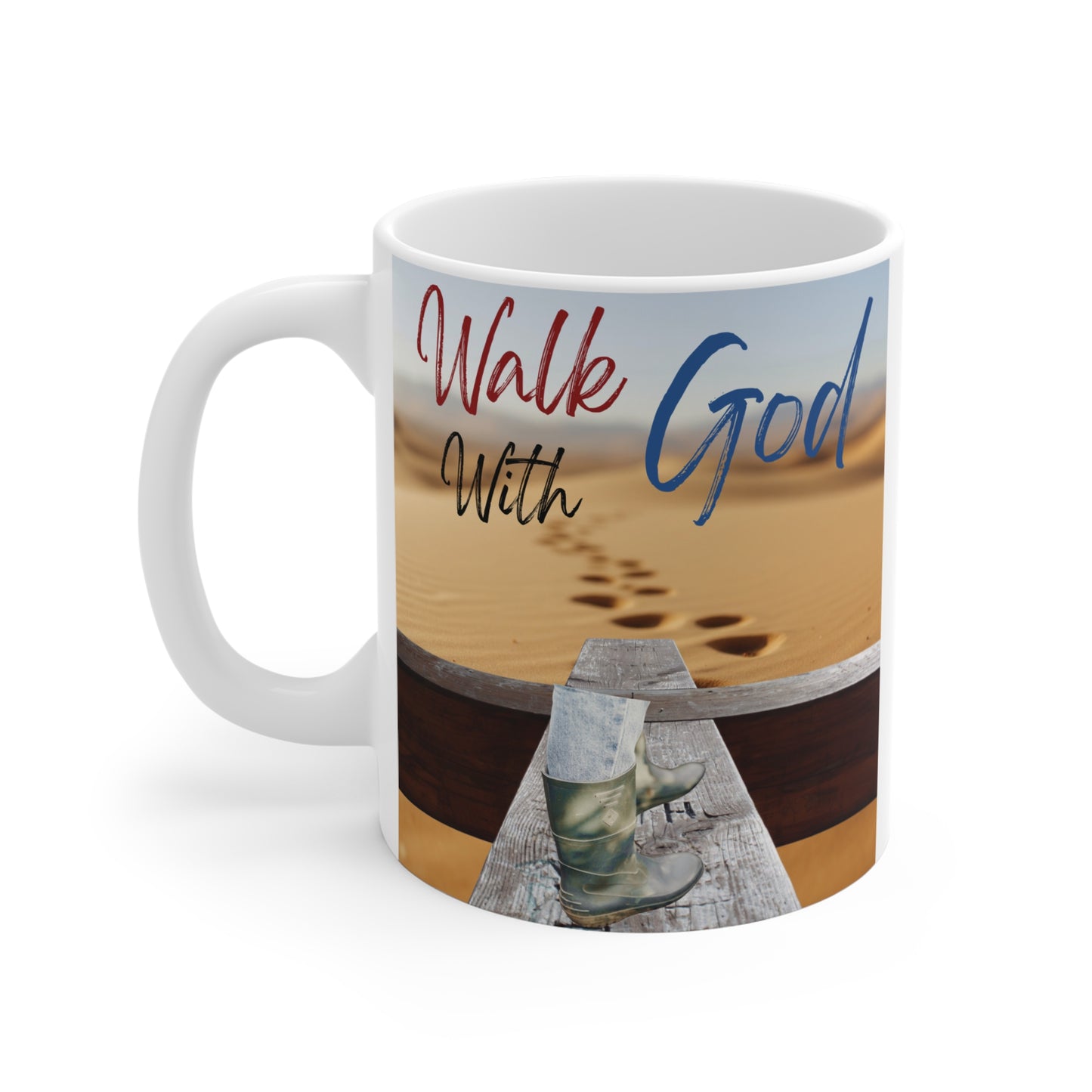 Christian inspirational mug with “Walk With God” quote, desert footprints, and boots on wooden path design