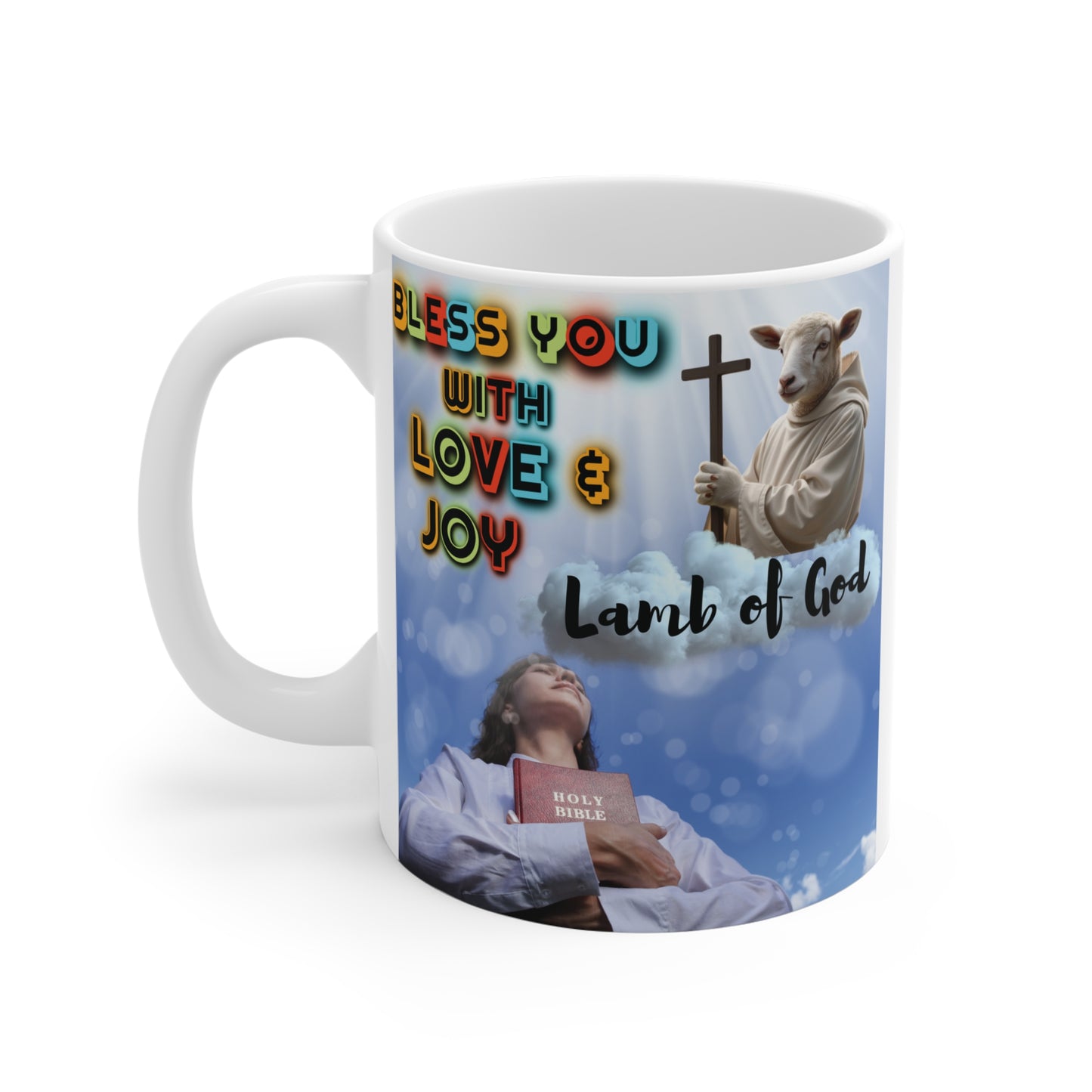 Christian Lamb of God mug with cross, Bible, and “Bless You with Love & Joy” message, faith-based gift