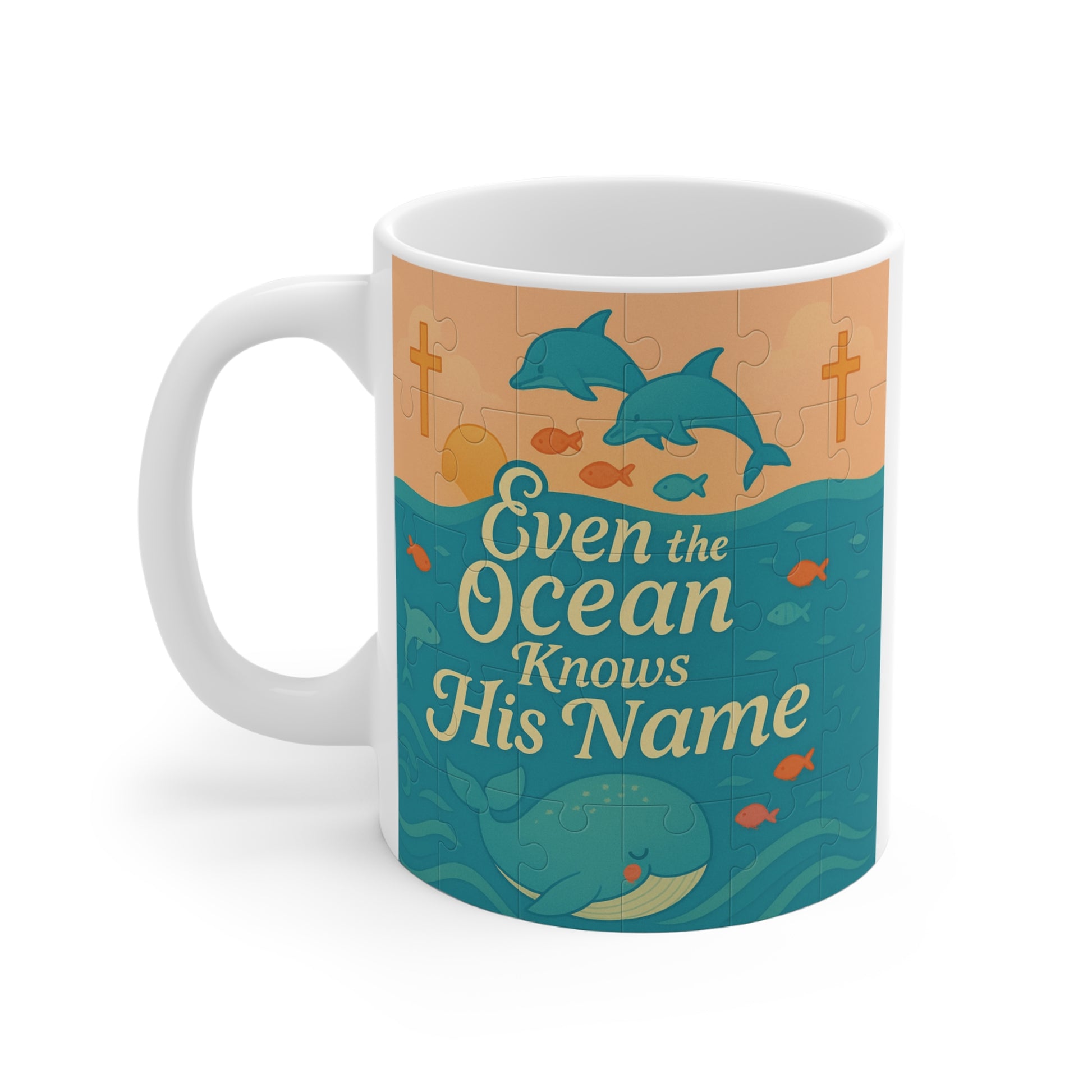 Faith-based dolphin coffee cup for Christians with ocean artwork and inspirational religious quote design