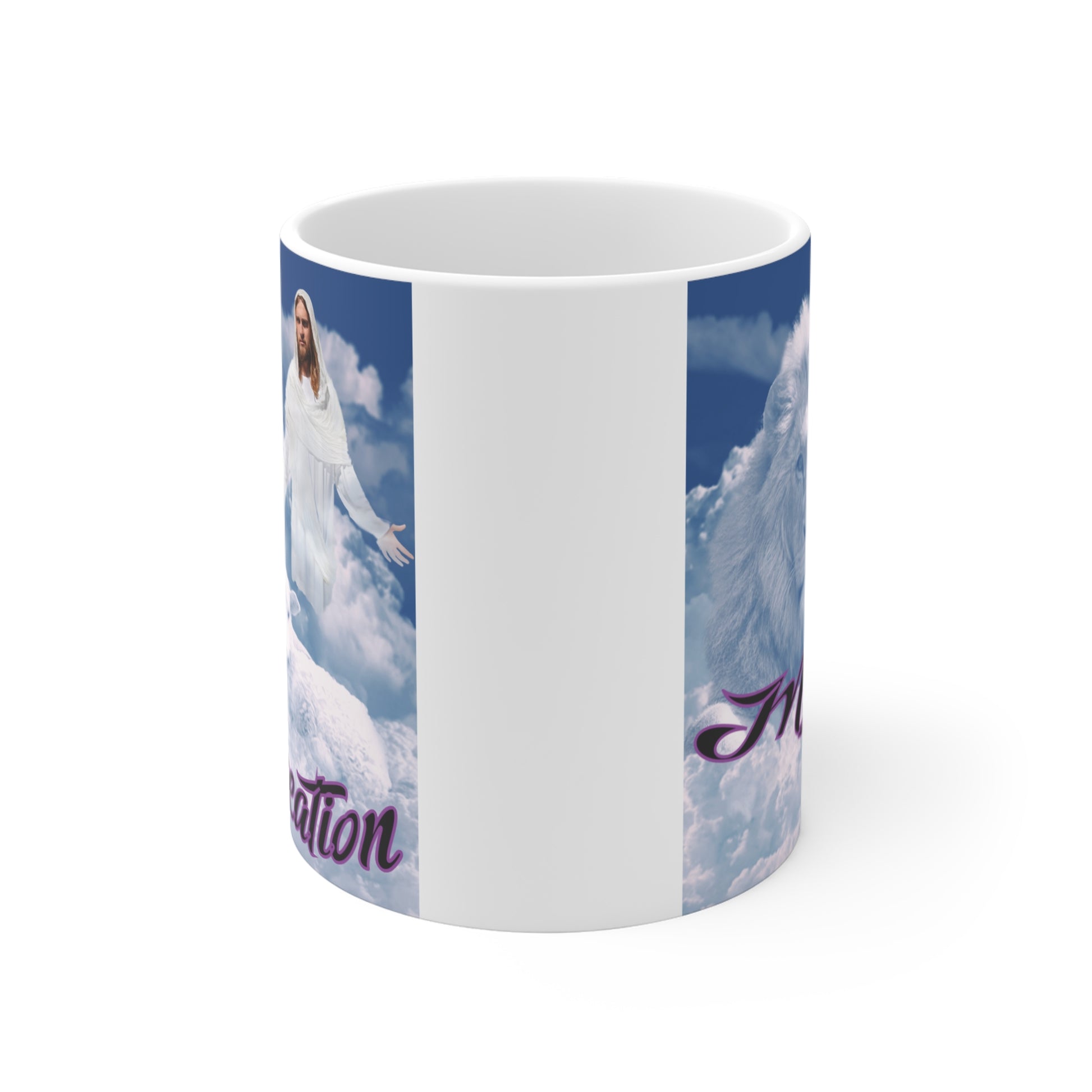 Religious coffee mug featuring Jesus, lion, and lamb in heavenly sky scene with inspirational Christian message
