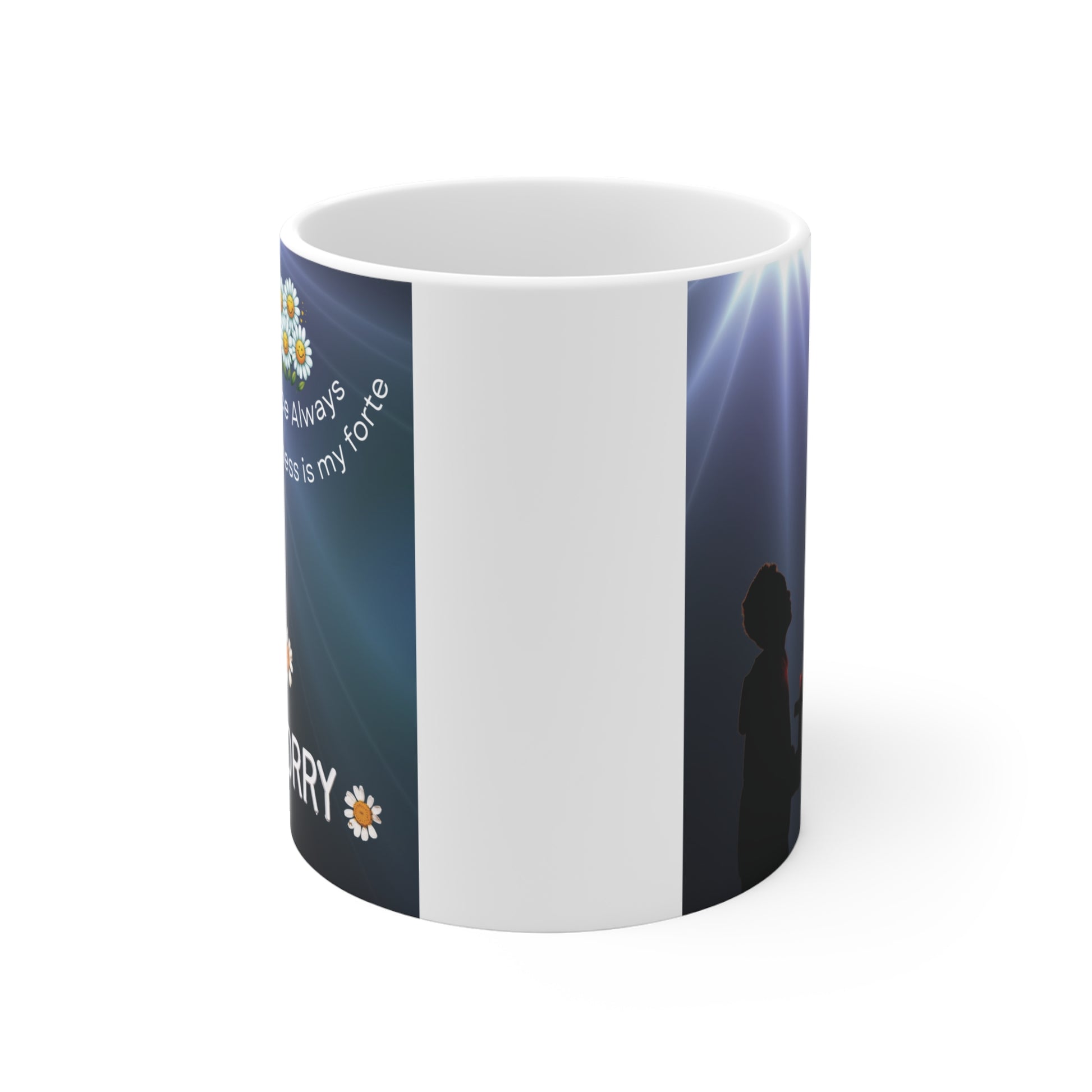 Faith-based coffee mug featuring praying figure with cross, ‘Rejoice Always’ quote, and forgiveness theme design