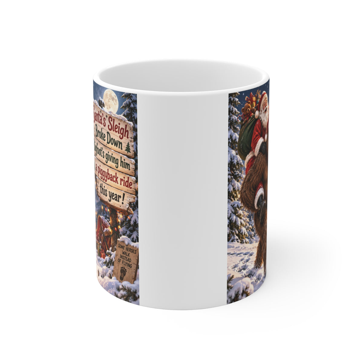 Bigfoot Christmas mug with Santa riding on Sasquatch’s back after his sleigh breaks down in a snowy mountain setting.