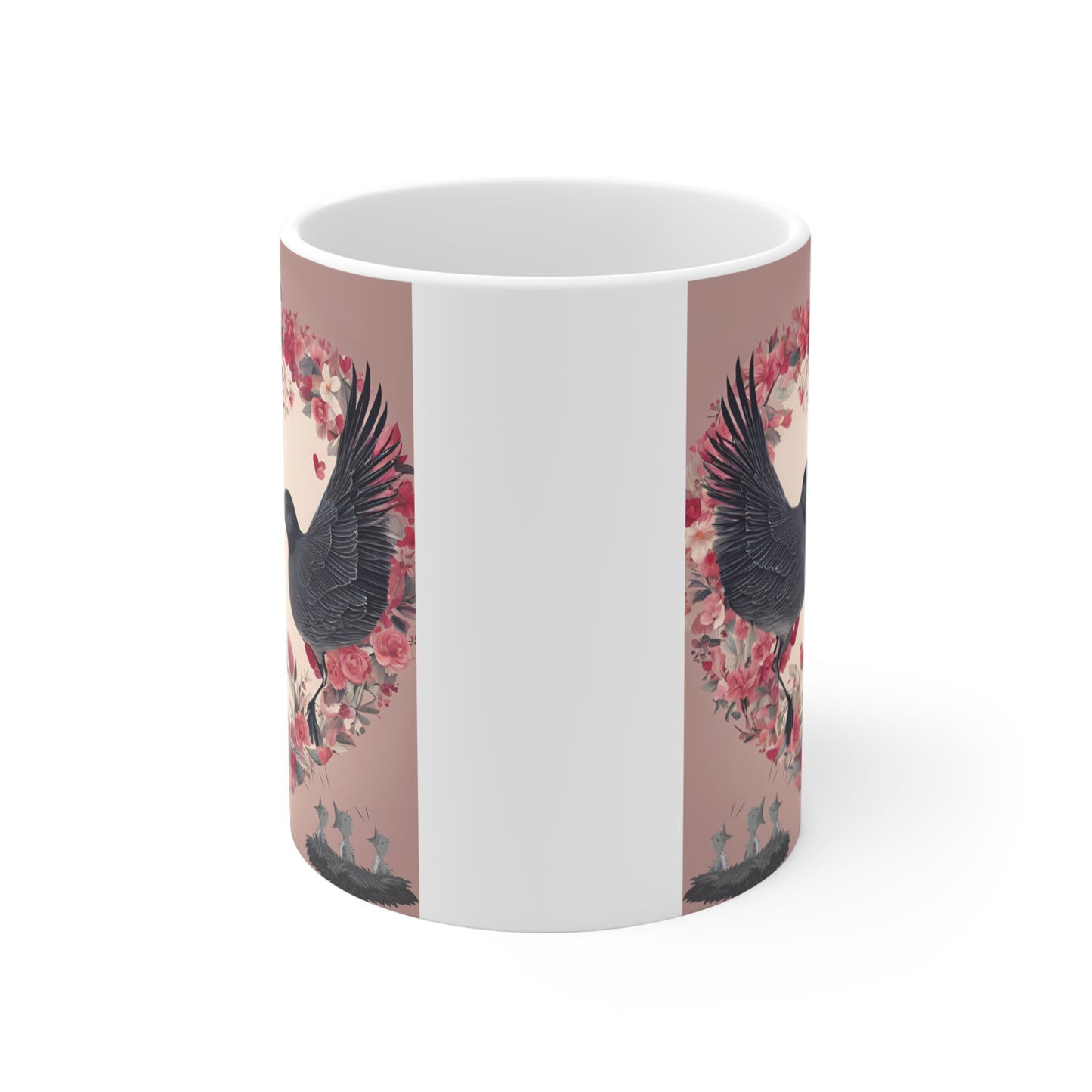 Cute love-themed ceramic mug with birds, hearts, and flowers, perfect romantic gift for couples