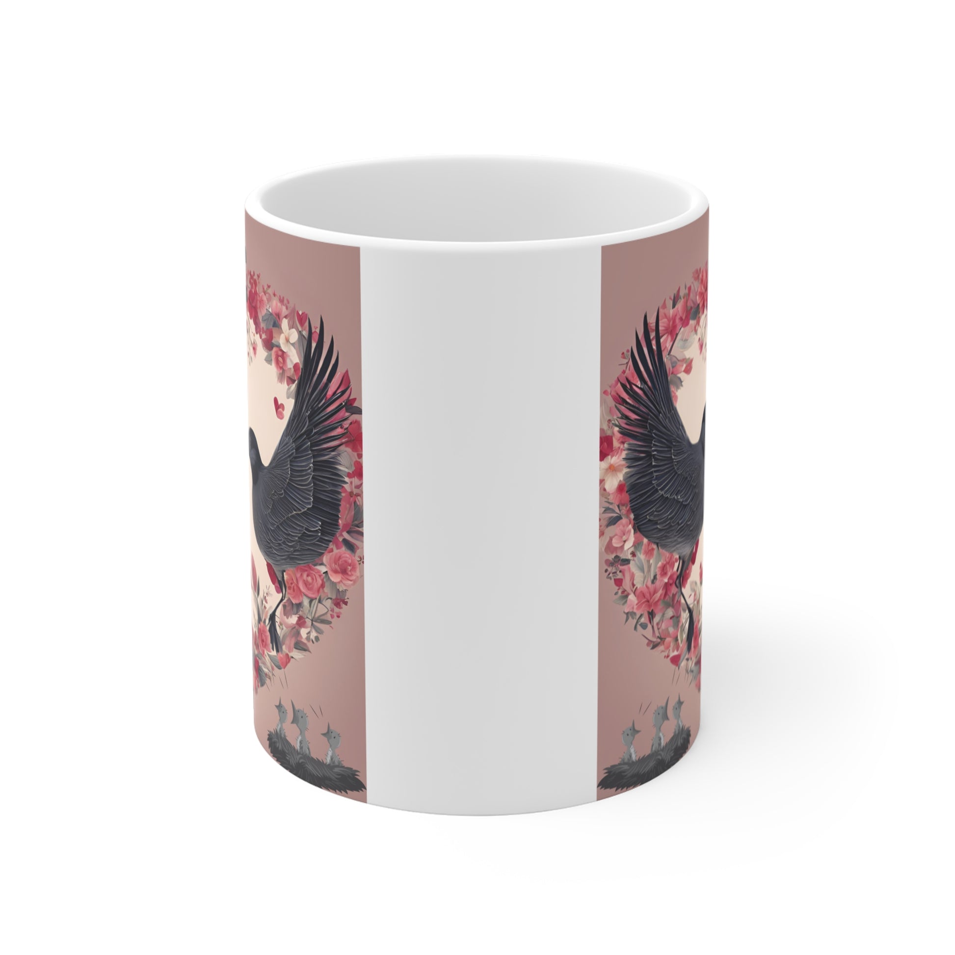Cute love-themed ceramic mug with birds, hearts, and flowers, perfect romantic gift for couples