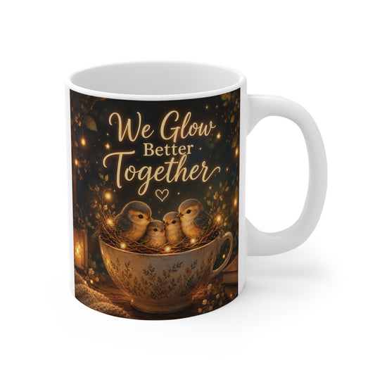 Cozy ceramic mug with glowing birds in a teacup and inspirational quote “We Glow Better Together”