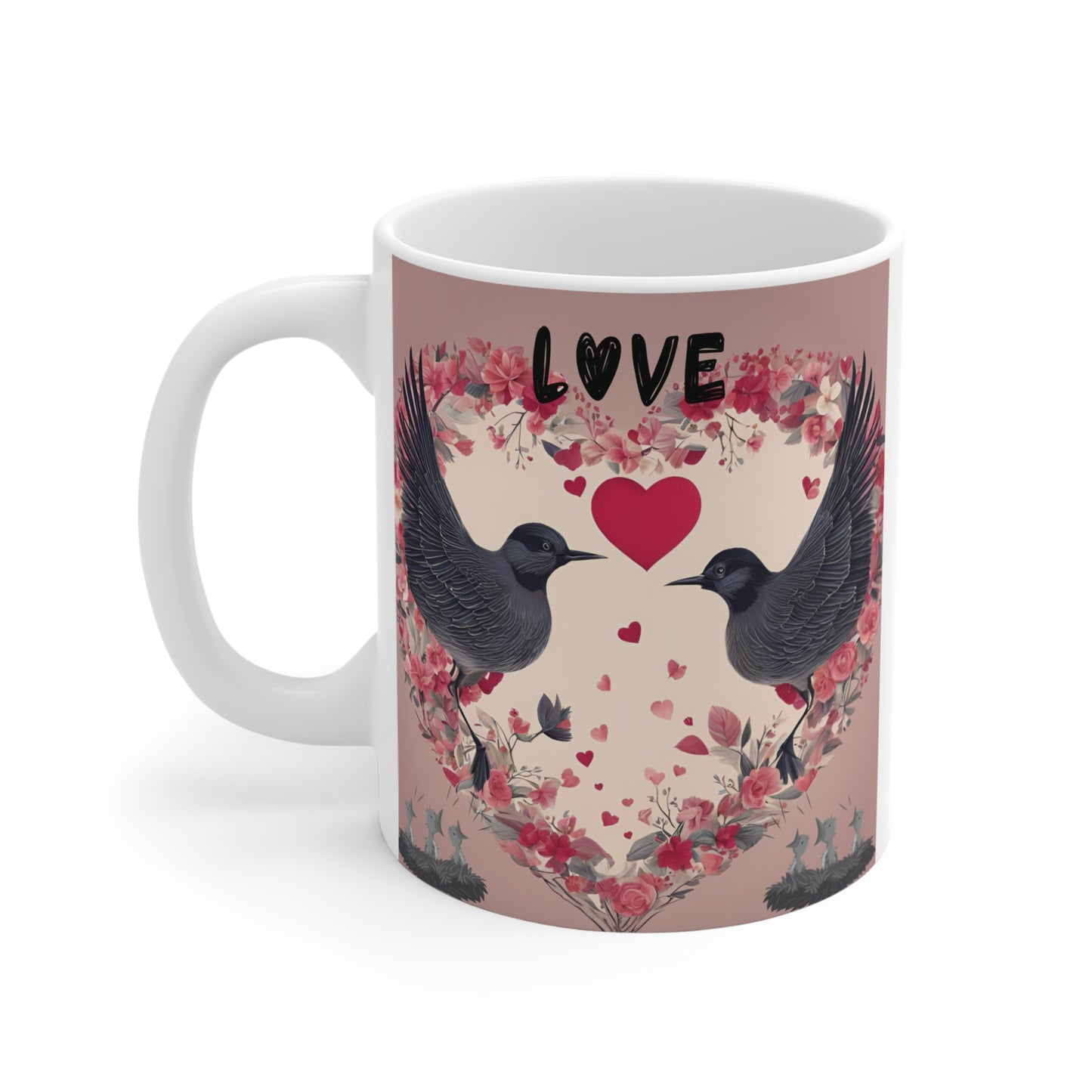 Romantic love mug with two black birds, red heart, and floral wreath design on pink background