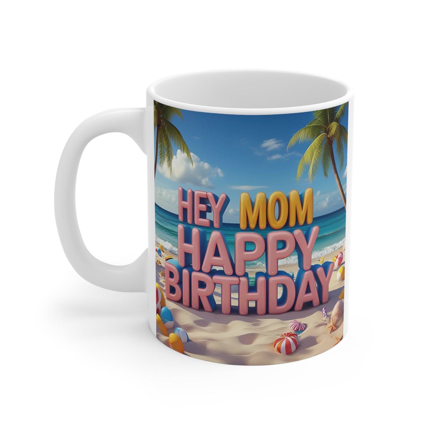 Tropical summer birthday mug for mother with vibrant happy birthday lettering