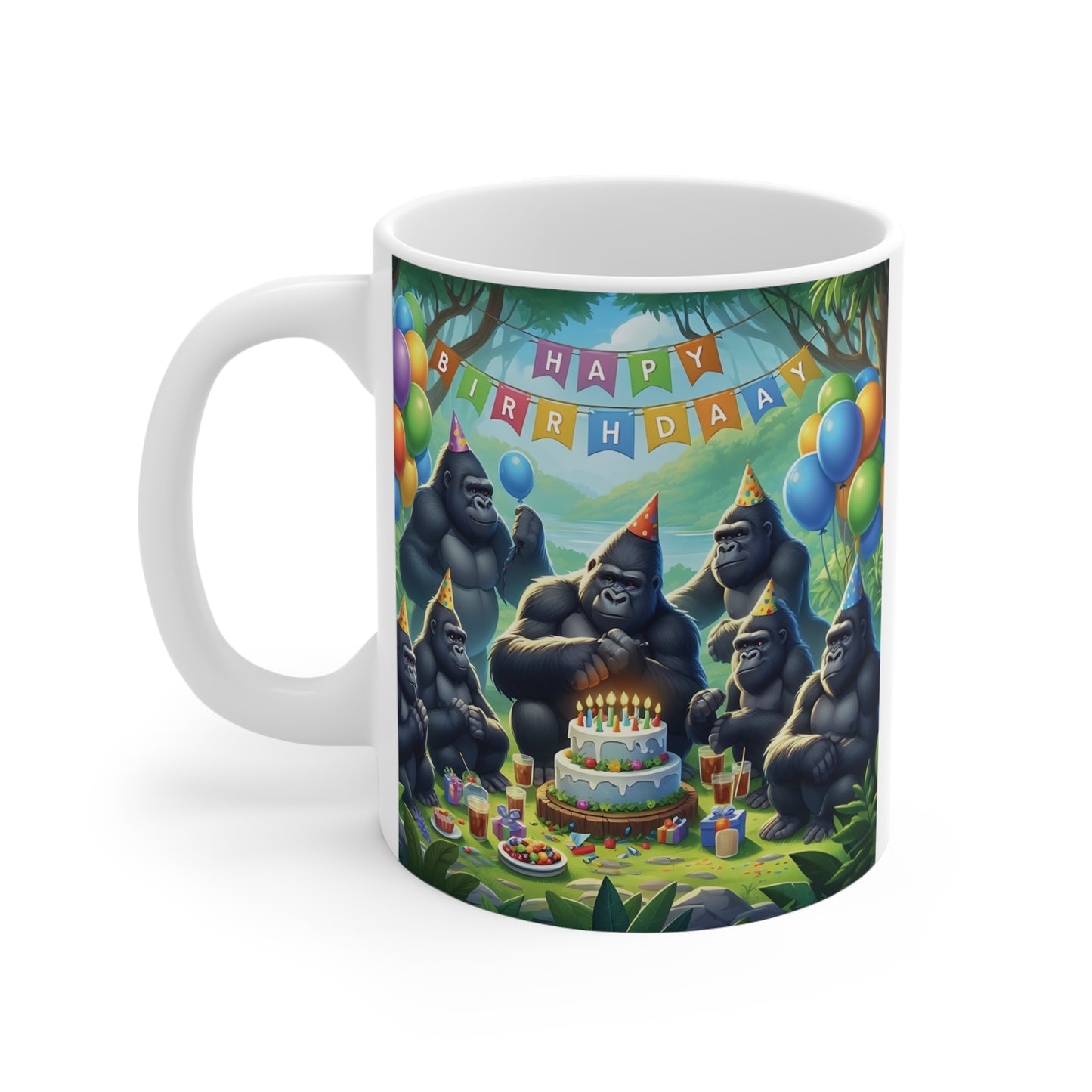 Unique birthday mug featuring gorillas party scene with balloons, cake and colorful ‘Happy Birthday’ text design”