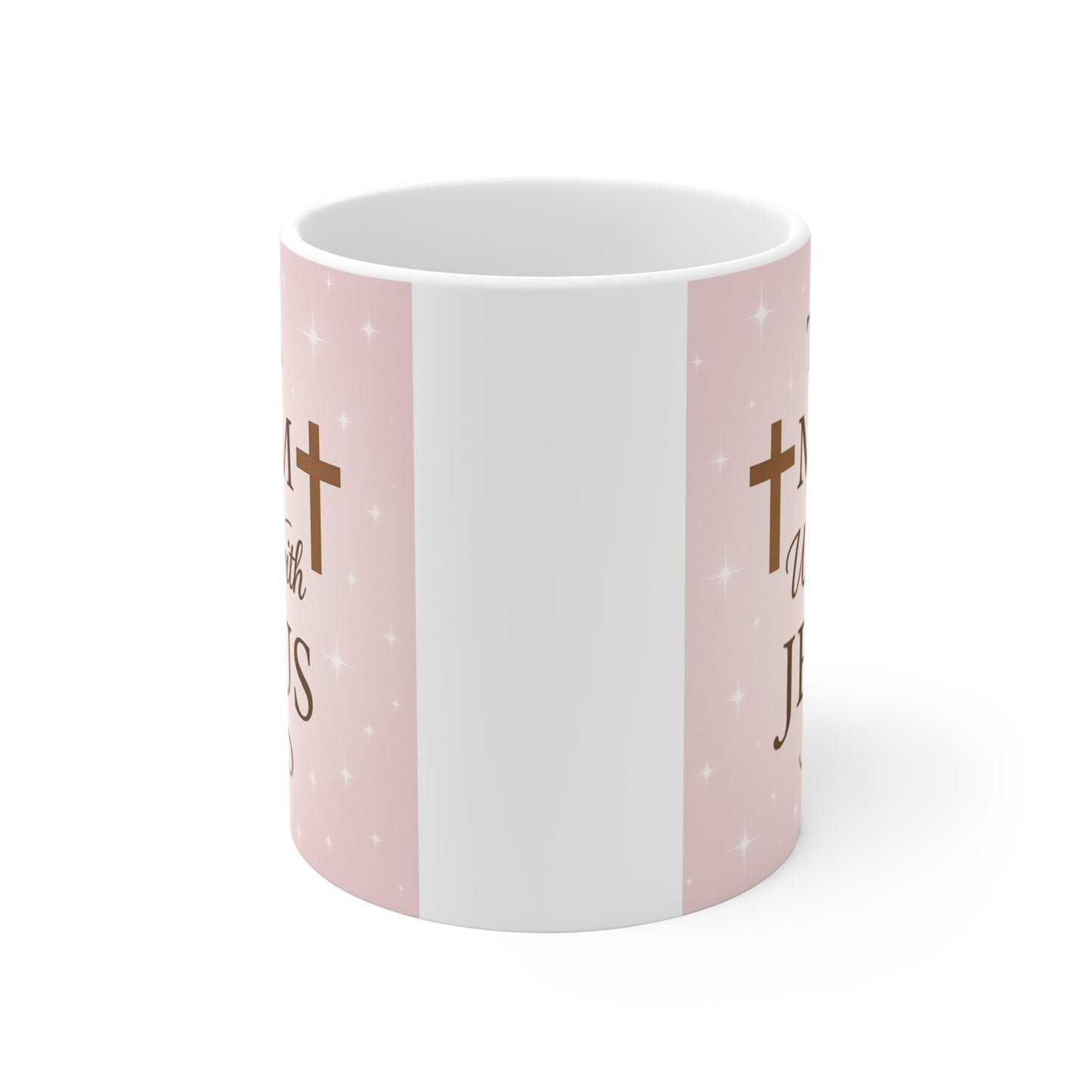 Christian gift mug for mothers featuring Jesus quote and soft pink background