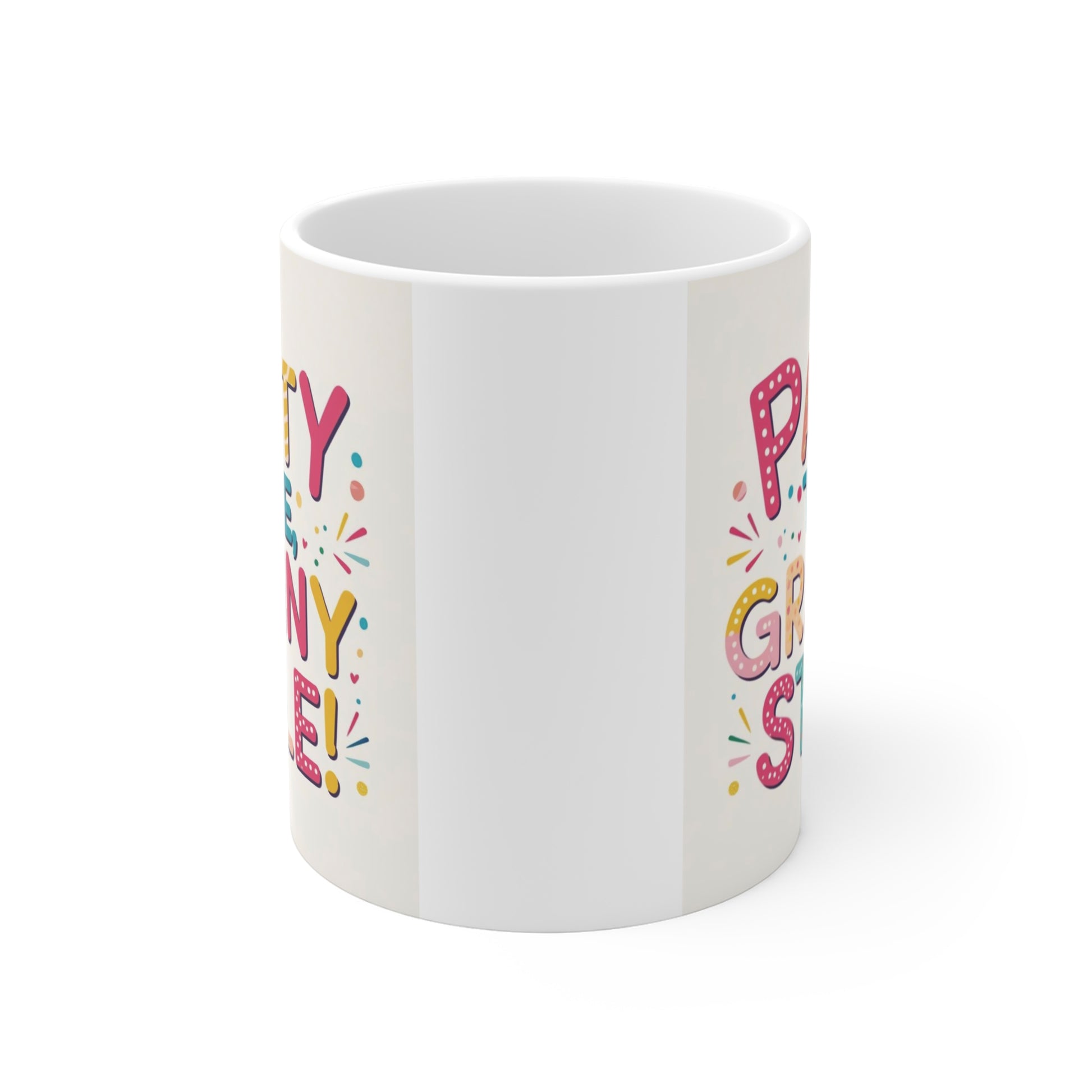 Funny grandma coffee mug with Party Time Granny Style design on a white 11oz ceramic mug, ideal birthday and Mother's Day gift.