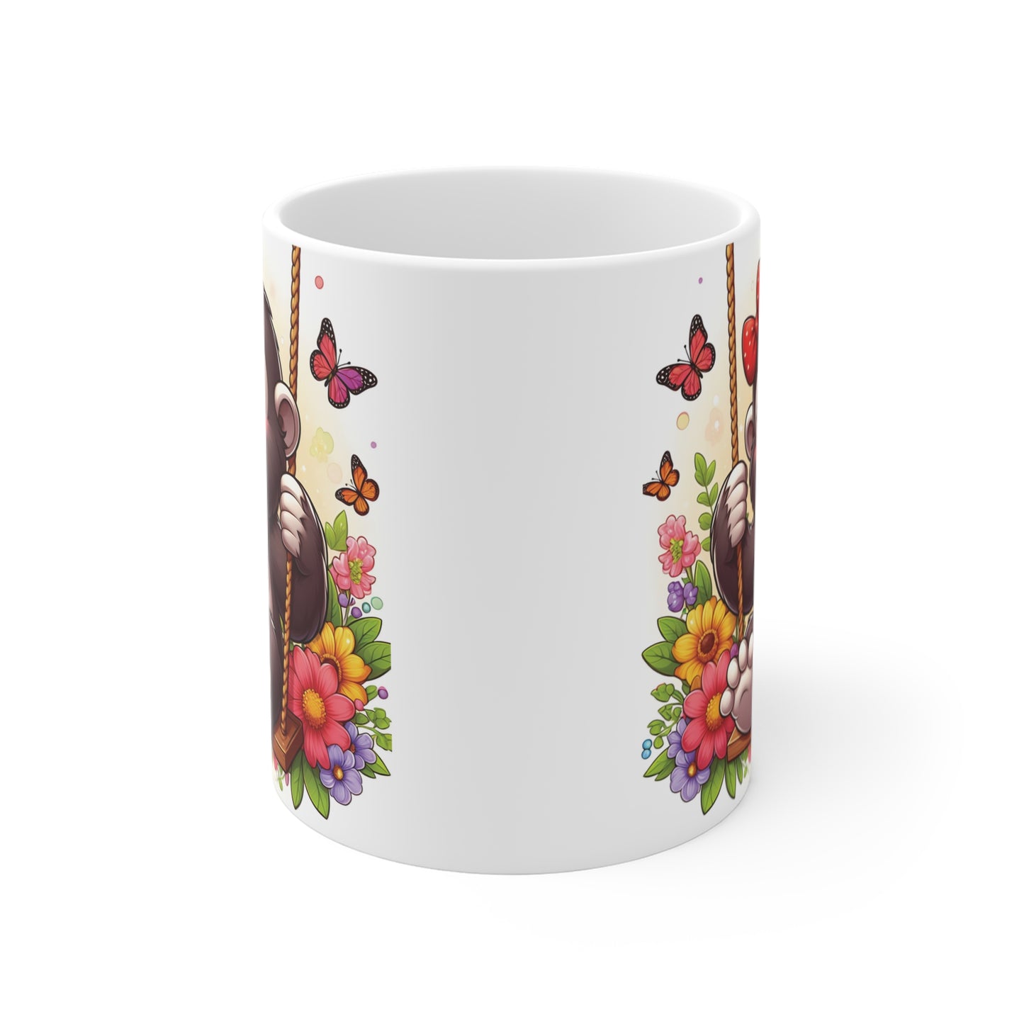 Kawaii gorilla cartoon mug featuring smiling baby ape with flowers and red ribbon – sweet 11oz mug for kids and animal lovers