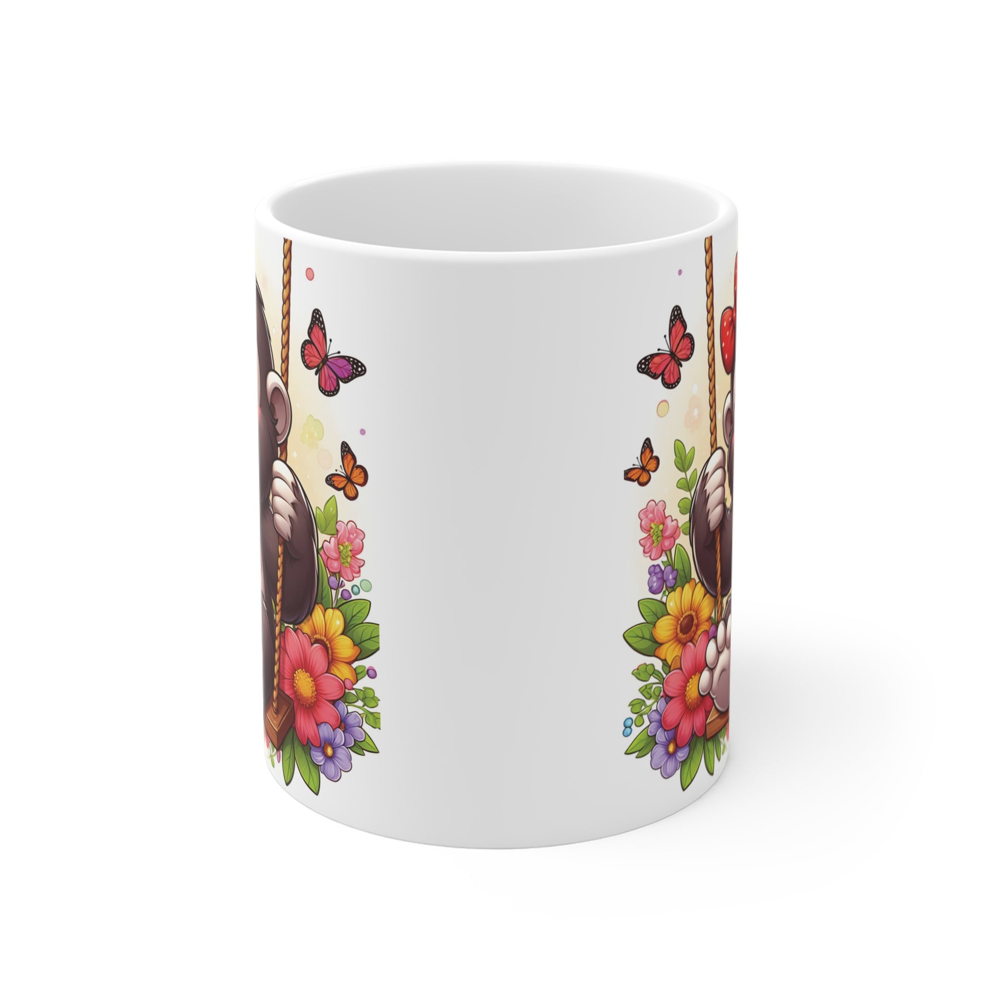 Kawaii gorilla cartoon mug featuring smiling baby ape with flowers and red ribbon – sweet 11oz mug for kids and animal lovers