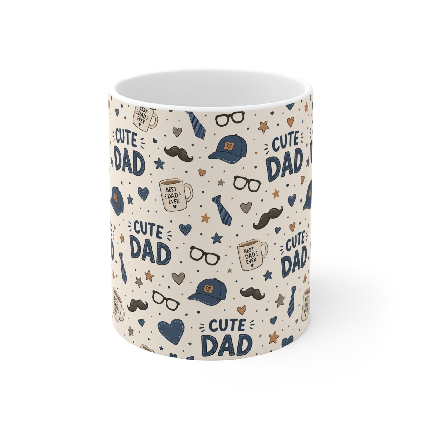 Cute dad pattern coffee mug 11oz with mustache, hat and heart icons, all-over print Father’s Day gift for dad