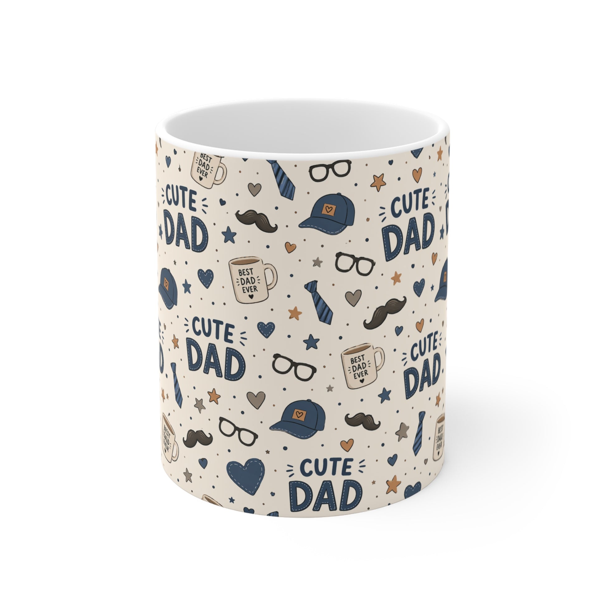 Cute dad pattern coffee mug 11oz with mustache, hat and heart icons, all-over print Father’s Day gift for dad