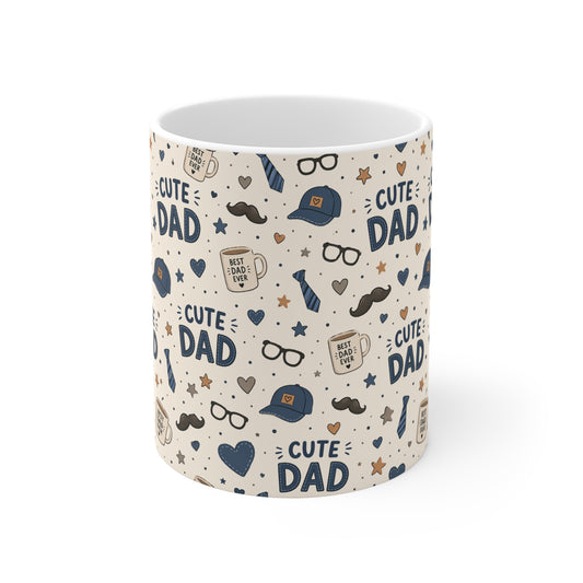 Cute dad pattern coffee mug 11oz with mustache, hat and heart icons, all-over print Father’s Day gift for dad